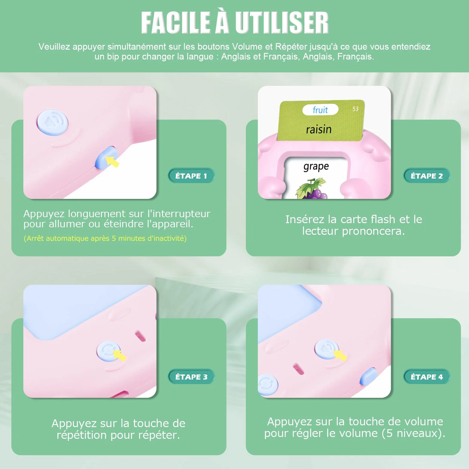 Mówiące karty flash Montessori edukacyjne dla dzieci w wieku 3 lat Rozmowa Flash Cards 112 arkuszy 224 słowa, zabawki edukacyjne do nauki mówienia, francuski/angielski/dwujęzyczny (różowy)