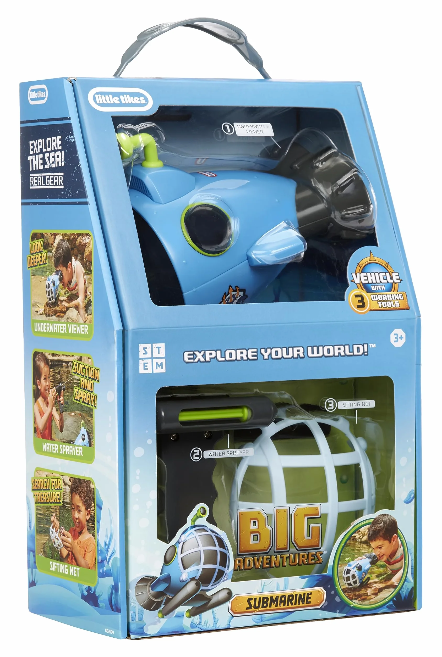 Little Tikes Big Adventures Submarine STEM Toy - w Zestawie Pojazd Wodny z Wizjerem Podwodnym, Rozpylaczem Wody i Siatką do Przesiewania - Idealny dla Dzieci w Wieku 3+