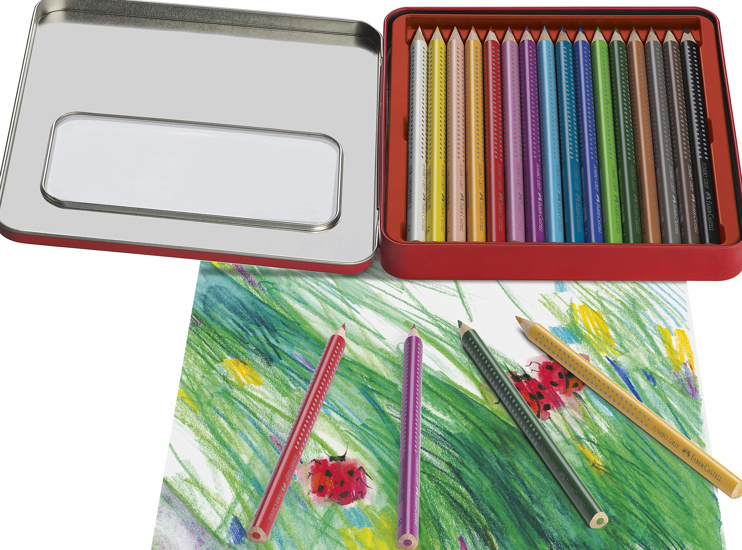 FABER-CASTELL 110916 – zestaw kredek Jumbo Grip, 16 kredek w metalowym etui, łatwe do zmywania i odporne na łamanie
