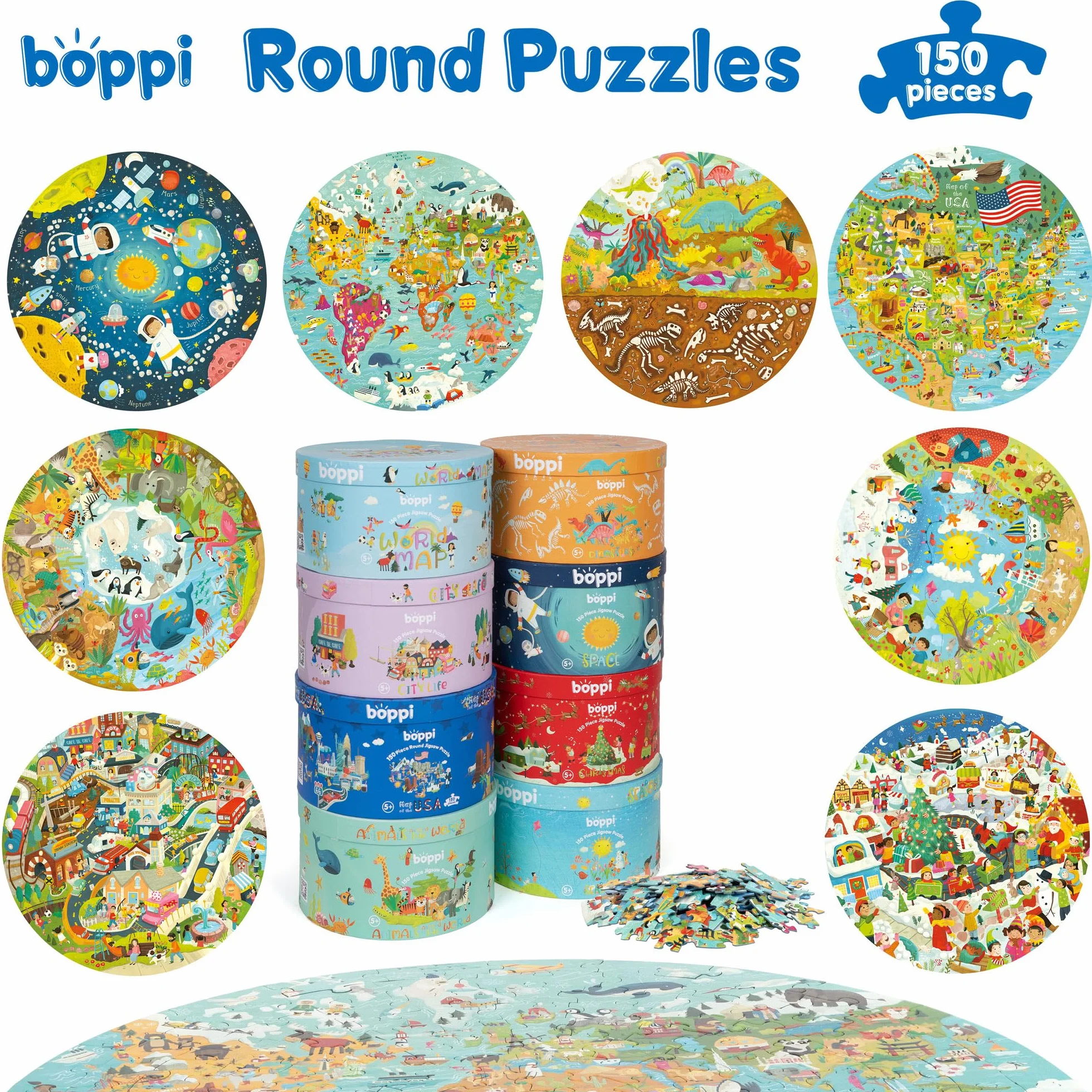 Mapa świata puzzle dla dzieci puzzle w wieku 5-8 lat - 150 sztuk zwierząt świata układanka ze 100% pochodzących z recyklingu - okrągłe wyrzynarki dla dzieci w wieku 5 lat od boppi