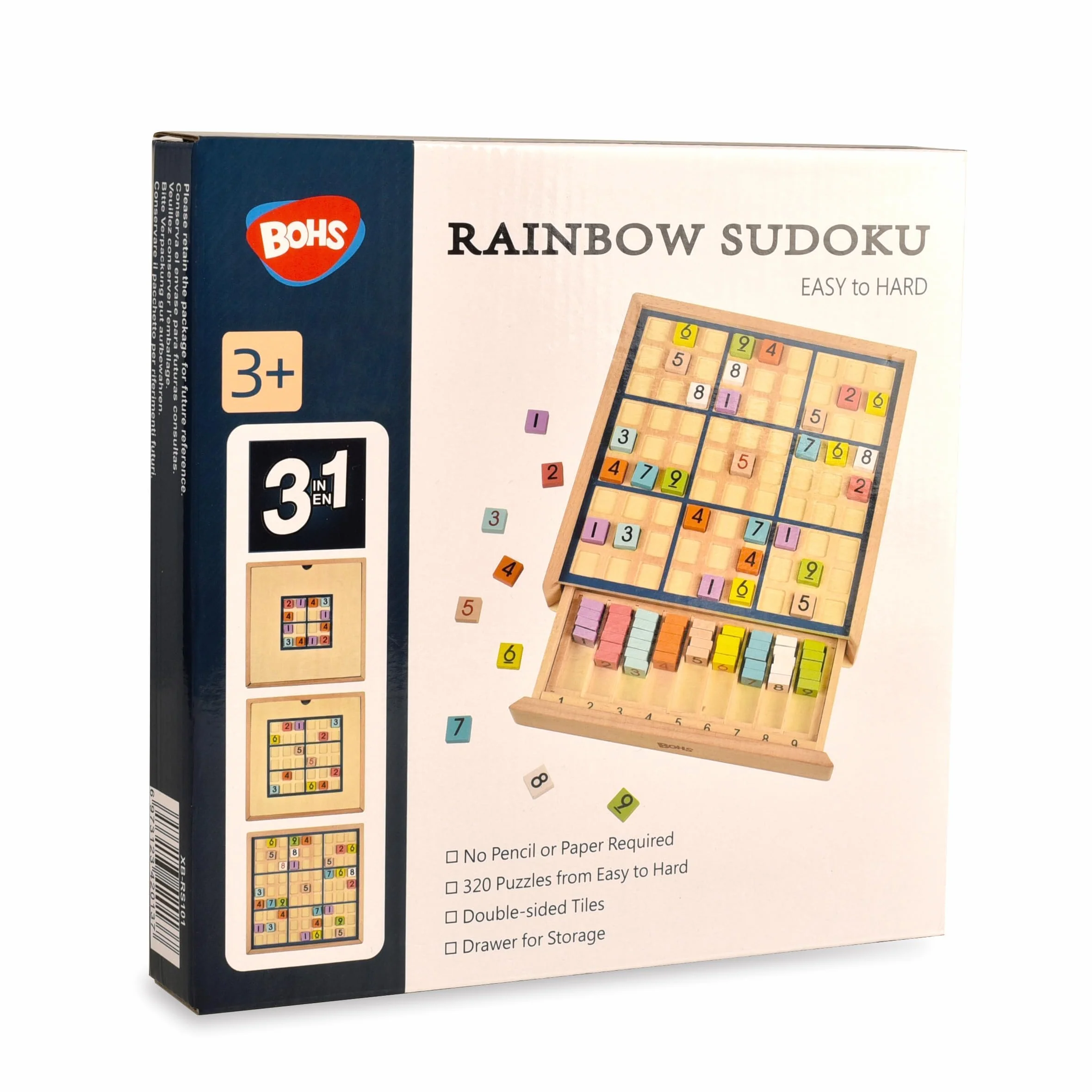 BOHS Drewniana tęczowa łamigłówka Sudoku 3 w 1, od łatwych do trudnych, z książką Sudoku (320 zadań), gra logiczna na biurko