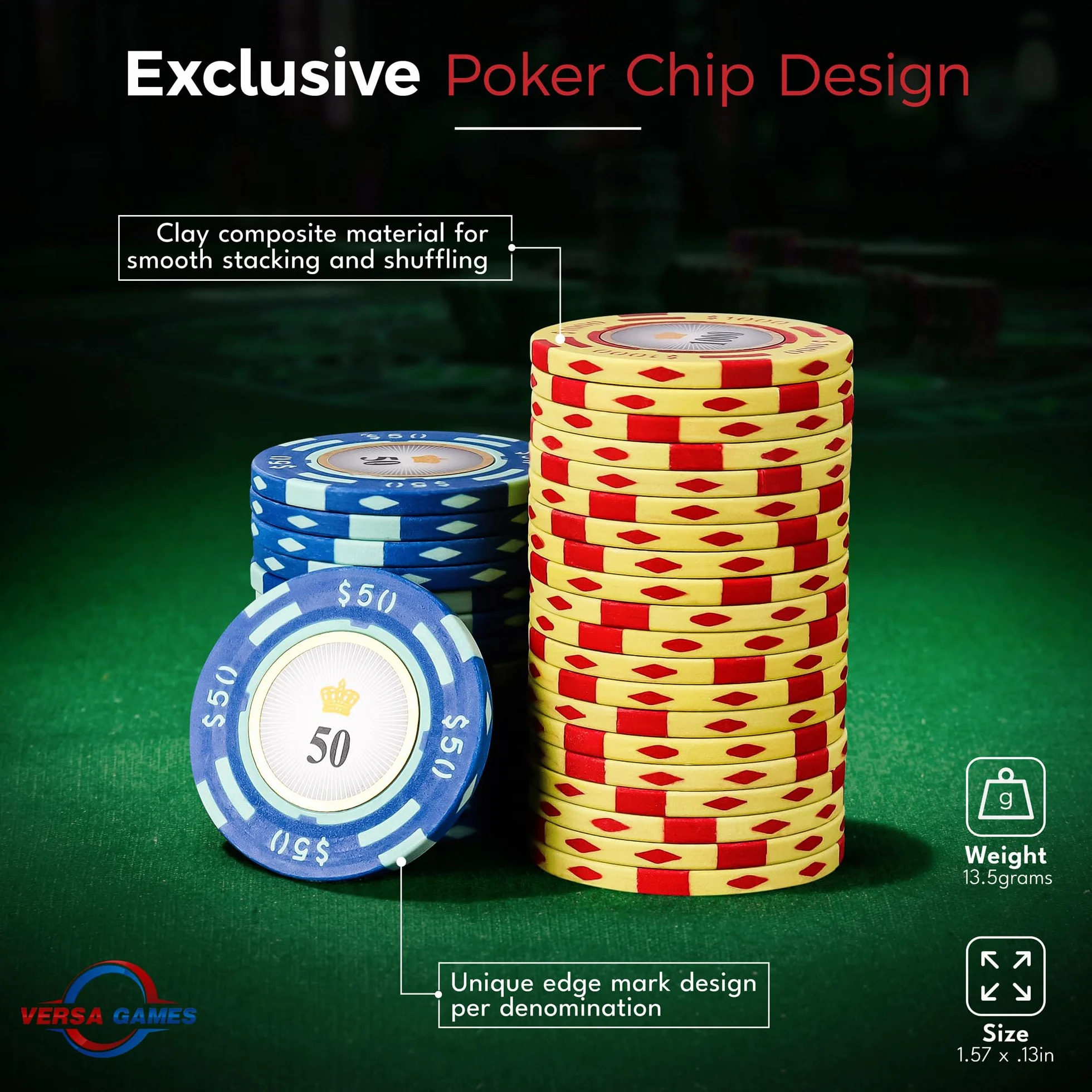 Versa Games Żetony pokerowe – zestaw glinianych żetonów pokerowych – zestaw Crown Casino Poker 13,5 g, 500 elementów, z nominałami liczbowymi – ulepszone etui na pokera