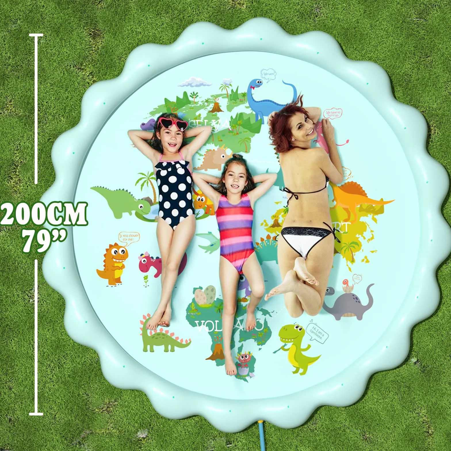 Peradix Zraszacze od 3 lat + podkładka rozbryzgowa dla dzieci i psów - 200 cm / 200 cm mata wodna dla dzieci z wzorem dinozaura, brodzik, letnia mata do spryskiwania wodą na zewnątrz, zabawki dla