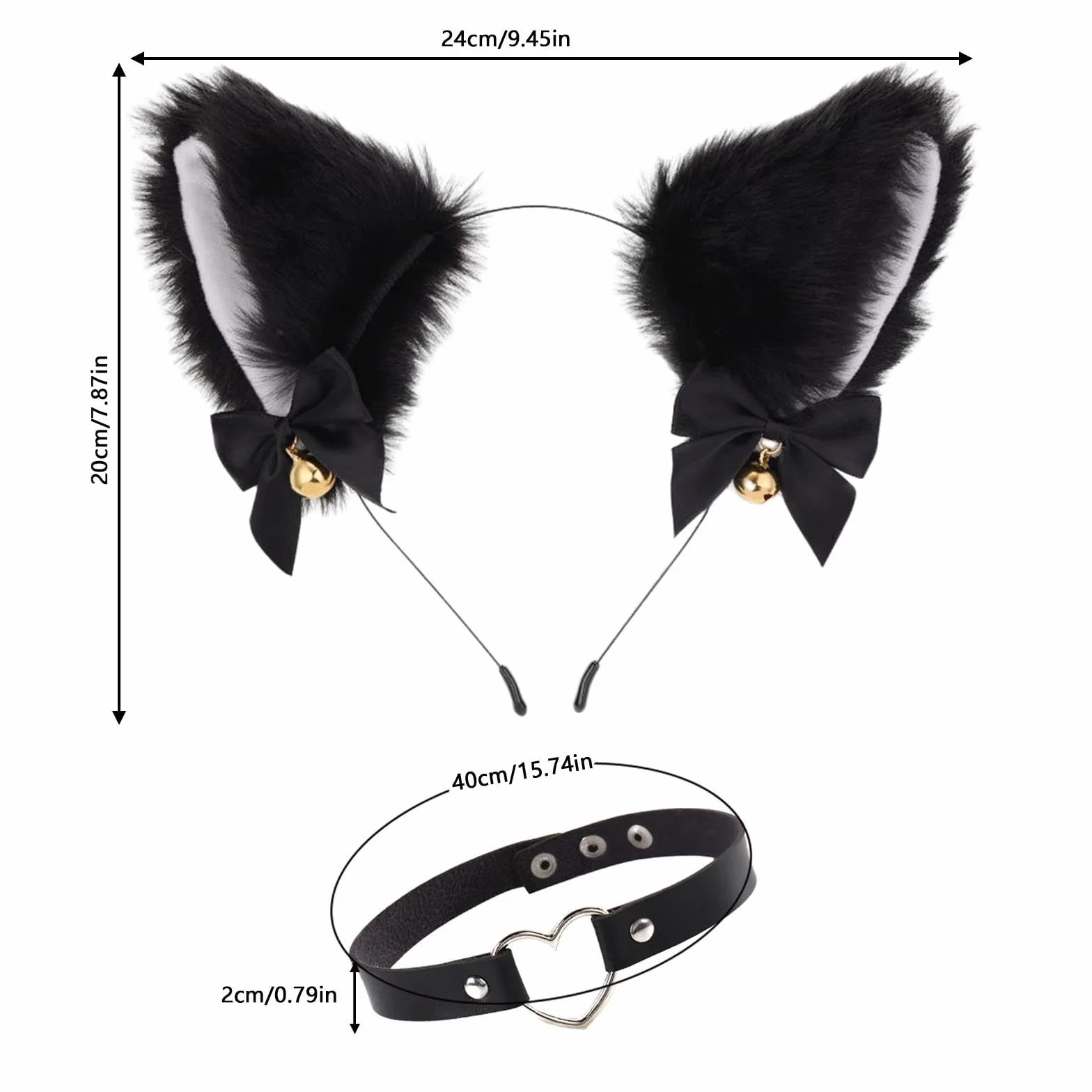 Opaska do włosów z kocimi uszami, opaska na włosy, opaska na czoło, dzwoneczek, naszyjnik ze skóry PU, punk, choker, naszyjniki, koło, ozdoba do włosów na imprezę, do kostiumu, 3 sztuki, czarny, jeden rozmiar