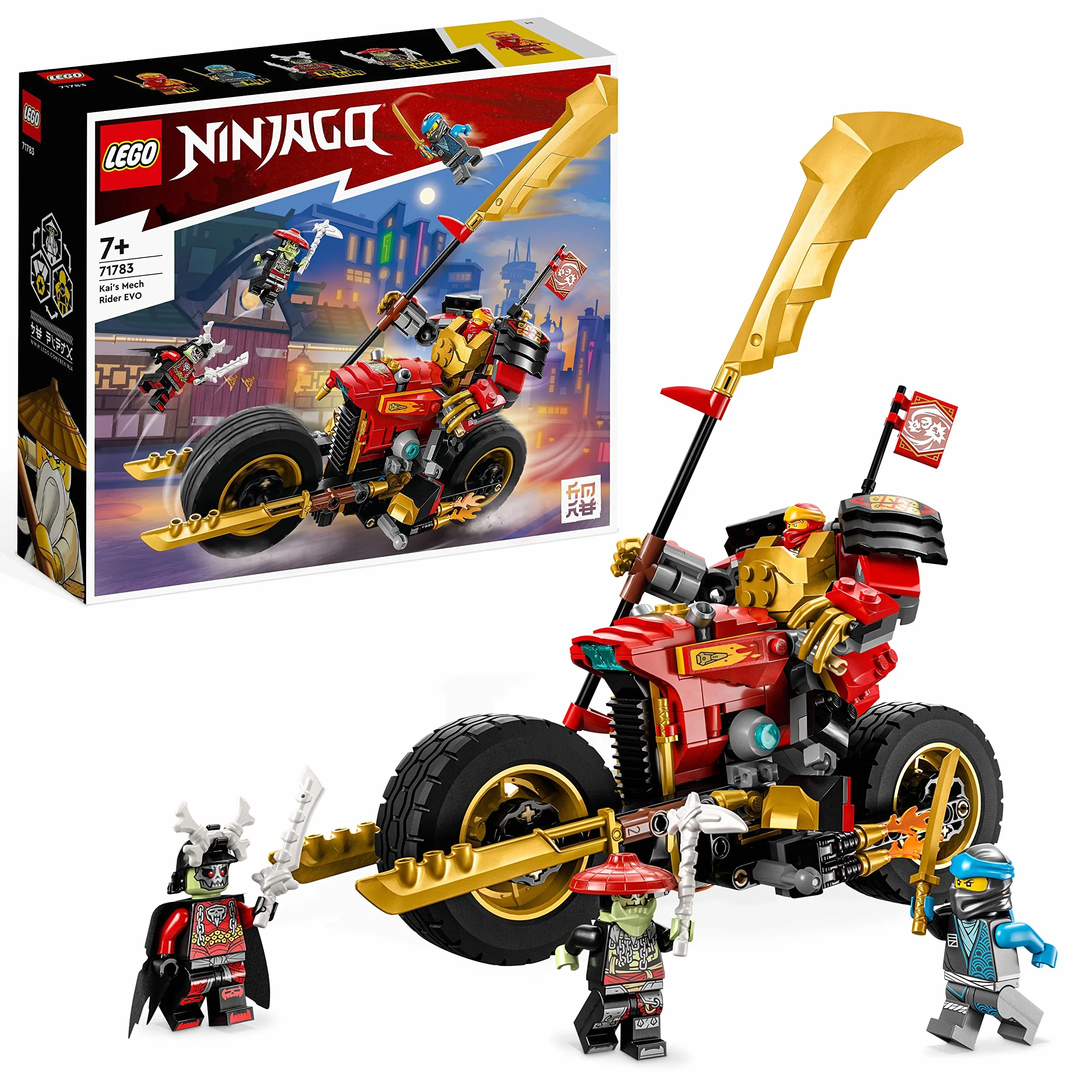 LEGO 71783 NINJAGO Jeździec-Mech Kaia EVO, Motocykl Ninja do Ulepszania, Figurka Mecha i 4 Minifigurki, Zabawki do Kolekcjonowania dla Dzieci od 7 Lat
