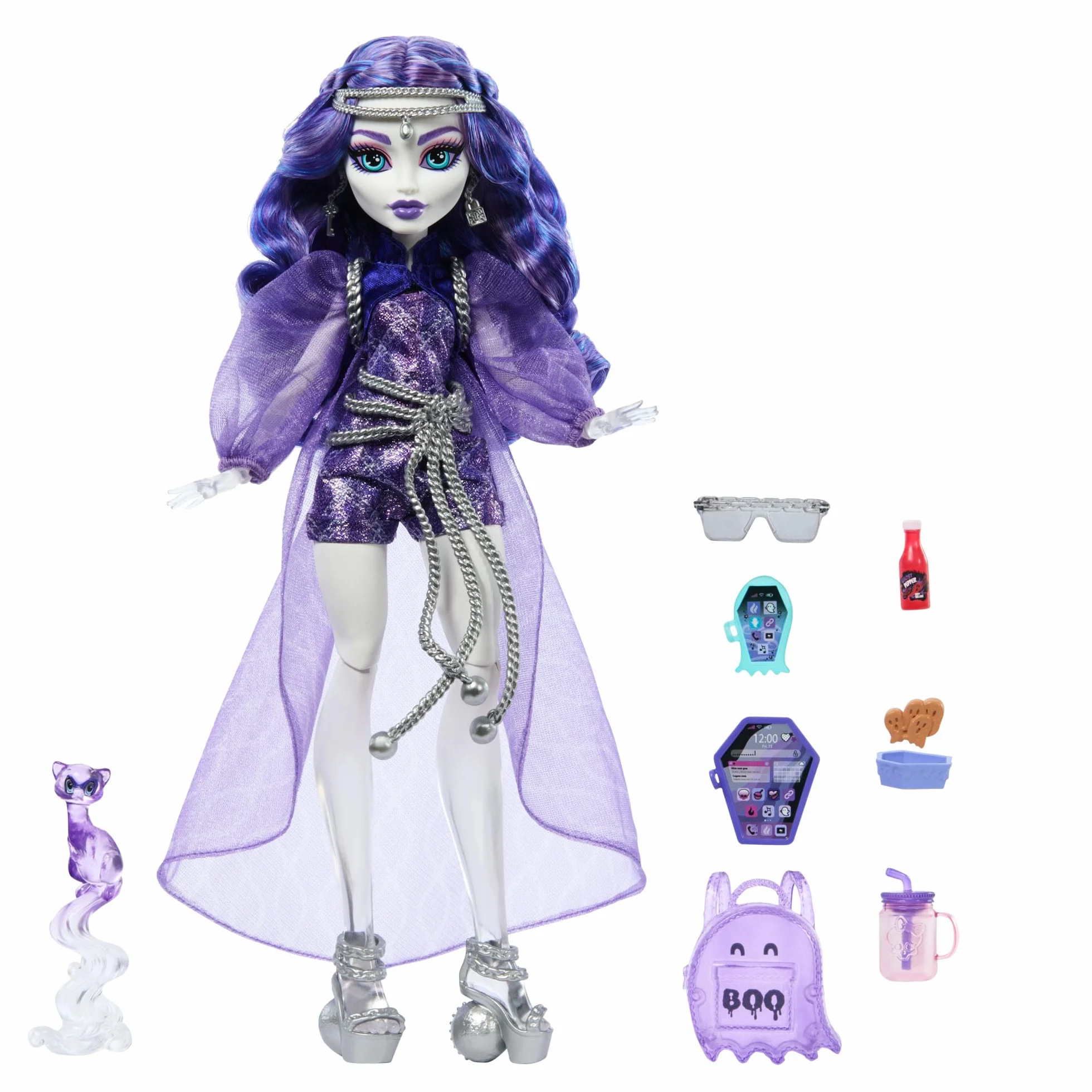 Monster High Spectra Vondergeist Lalka + zwierzątko Rhuen oraz akcesoria, takie jak plecak, „tablet” i „przekąski”, HXH77