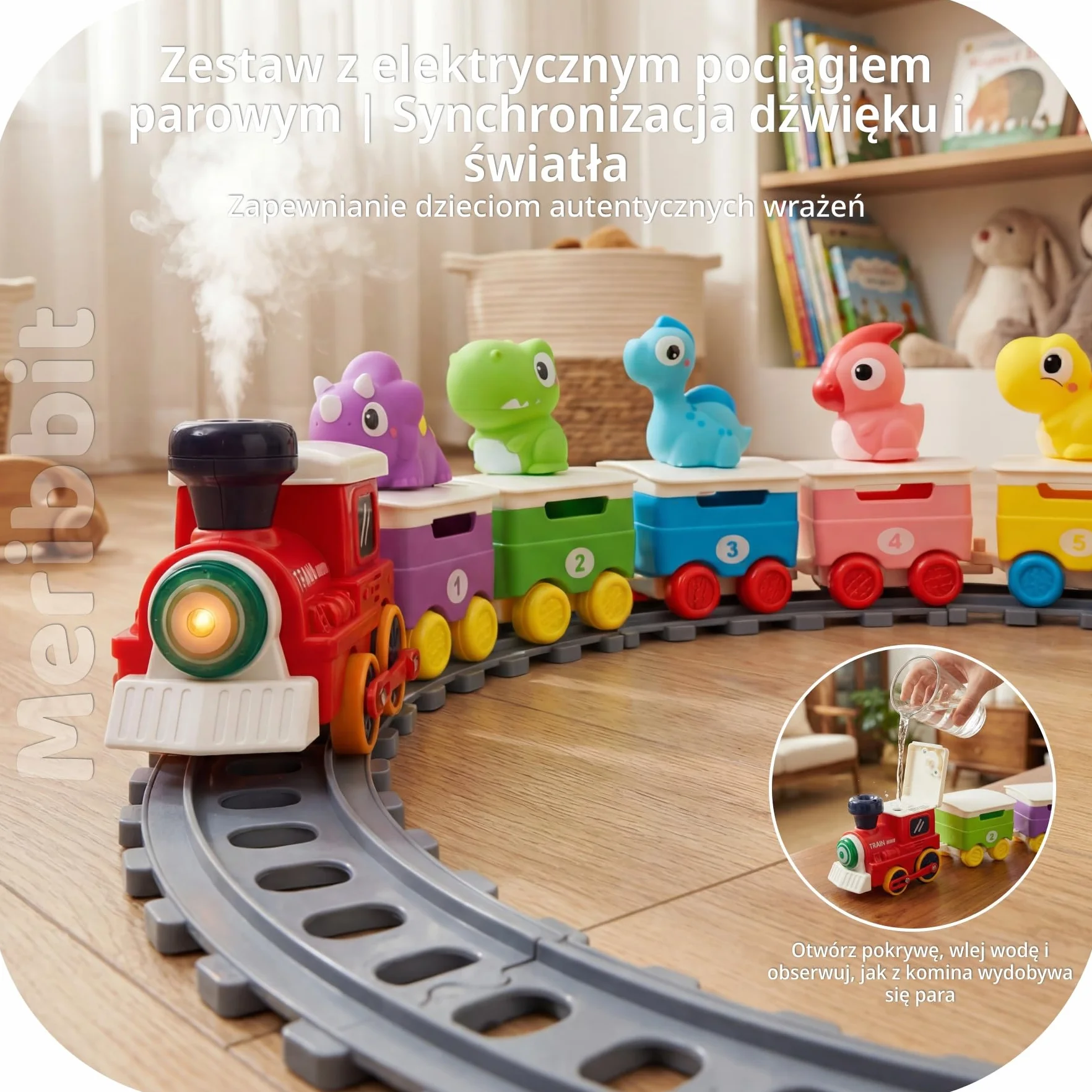 Kolejka z Torami, Światło i Efekt Pary, Dinozaury Pacynki na Palce, Zabawki Montessori Sensoryczne, Edukacyjne dla Dzieci 2 Lata, Prezent 1-3 Lata