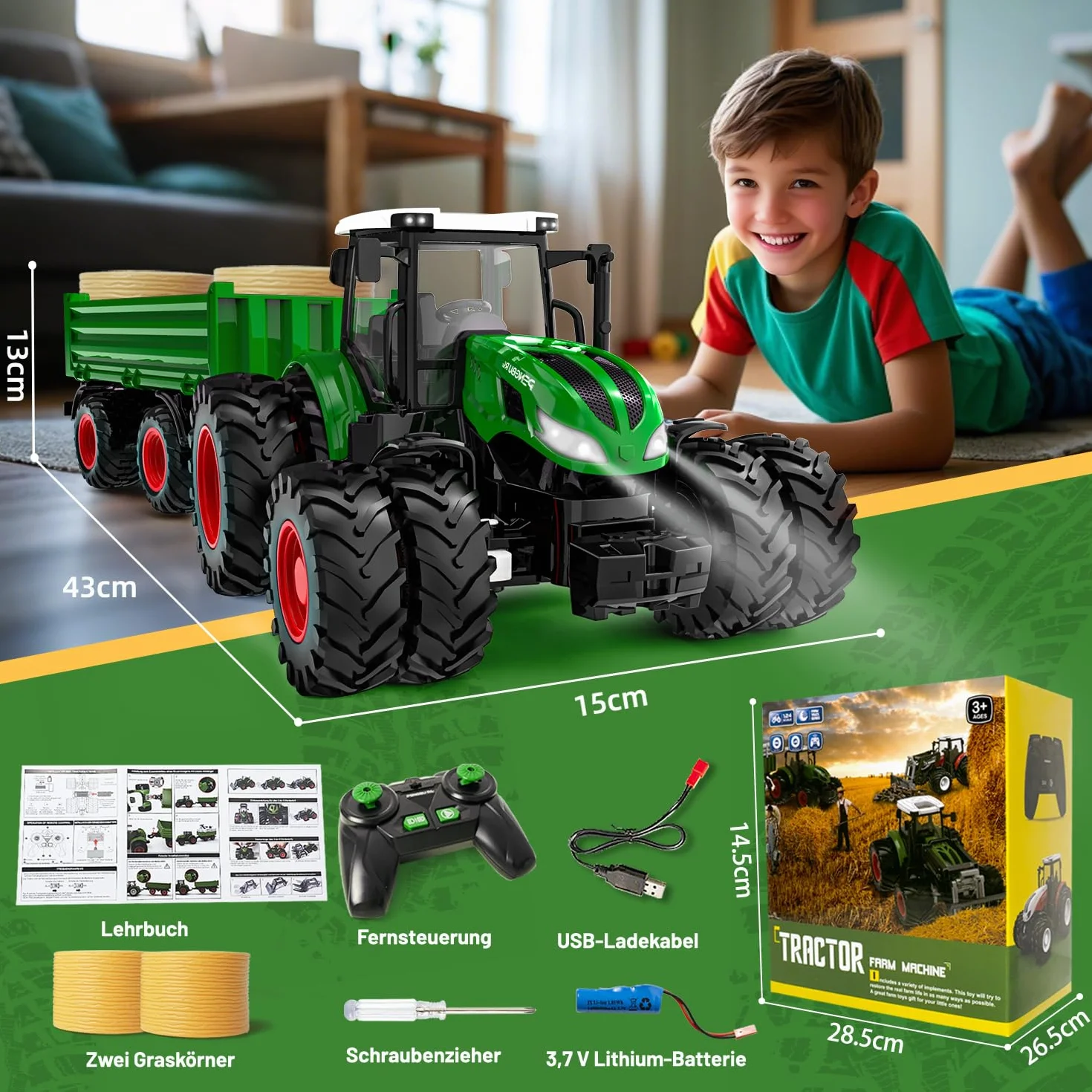 Zdalnie sterowany traktor, zabawka dla dzieci od 2 do 6 lat, traktor RC z przyczepą, ciągnik rolny ze światłami, prezent na Boże Narodzenie dla dzieci