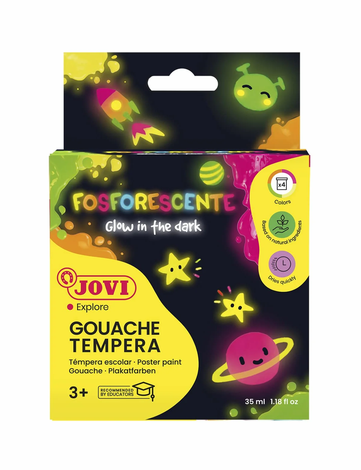 Jovi - Tempera fosforyzująca, Opakowanie 4 puszek 55ml, Farba na bazie naturalnych składników, Łatwy do mycia, Bezglutenowy, Idealny do użytku szkolnego (504)