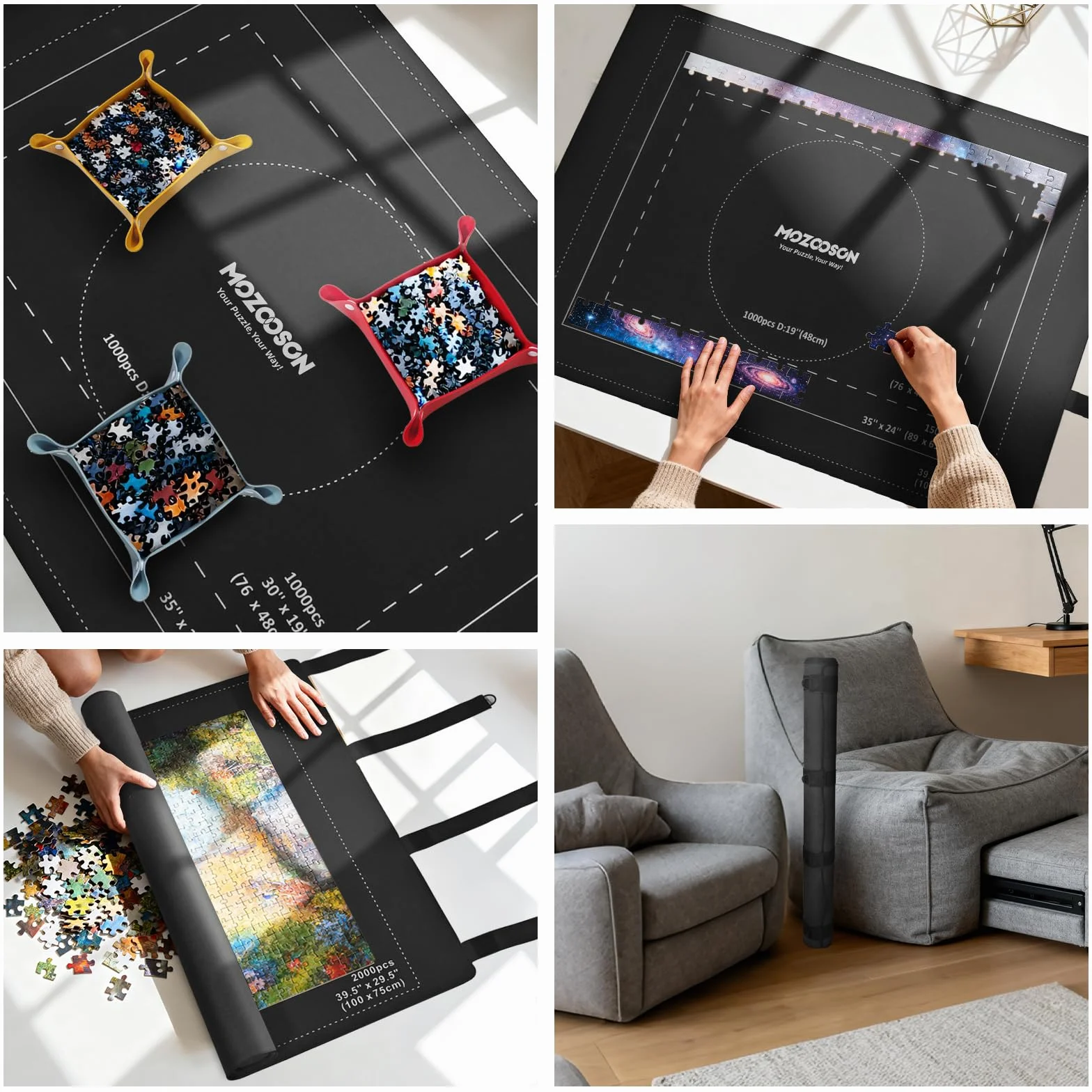 MOZOOSON Zwijana mata do puzzli 3000 sztuk - gumowa mata 95 x 150 cm - z 8 tacami i pudełkiem prezentowym, do puzzli 1000, 1500, 2000, 3000 sztuk
