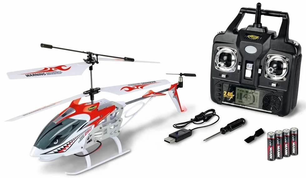 Carson 500507161 Easy Tyrann 250 czerwony – zdalnie sterowany helikopter, wytrzymały RTF (Ready to Fly) model dla początkujących, łącznie z bateriami, dla dzieci od 12 lat