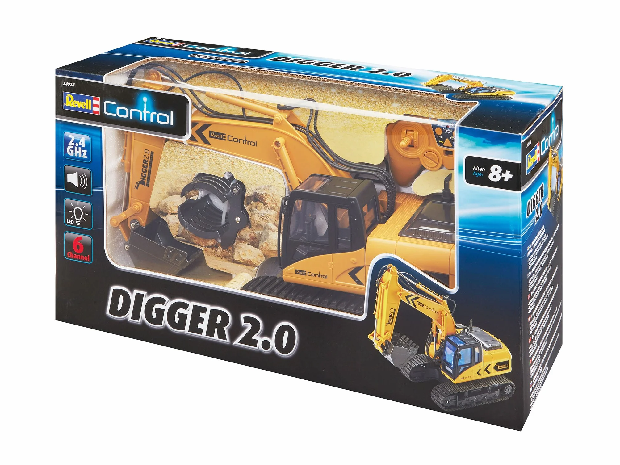 Revell Control 24924 RC koparka gąsienicowa Digger 2.0, napęd łańcuchowy, wymienna szufla i chwytak do drzew, nadaje się do użytku na zewnątrz, zdalnie sterowana koparka z akumulatorem, 2,4 GHz, żółta