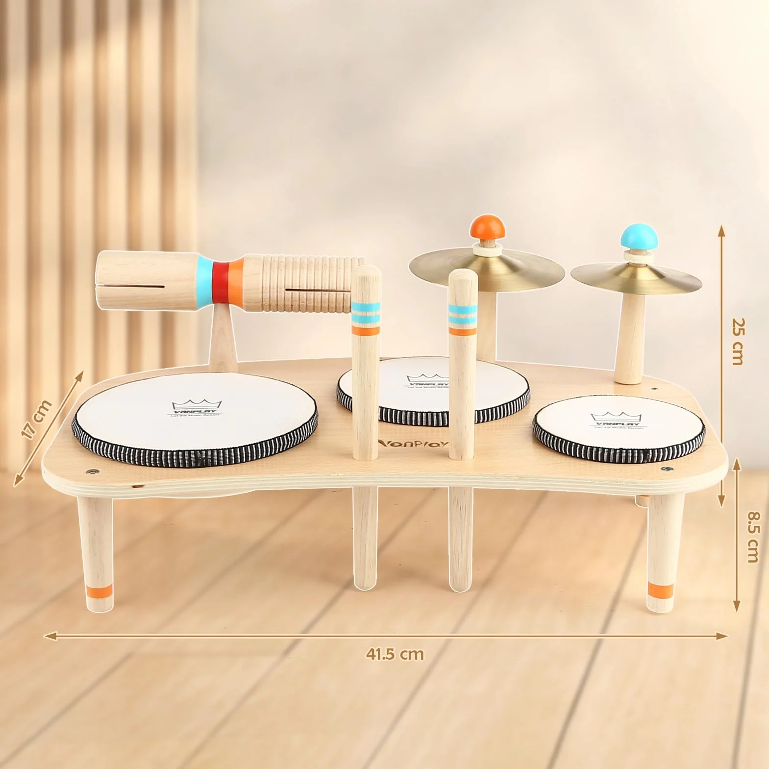 Vanplay Zabawka drewniana perkusja dla dzieci, bęben 8 w 1, instrumenty muzyczne, zabawka dla dzieci od 3, 4, 5 lat, dla chłopców i dziewczynek, zabawka Montessori