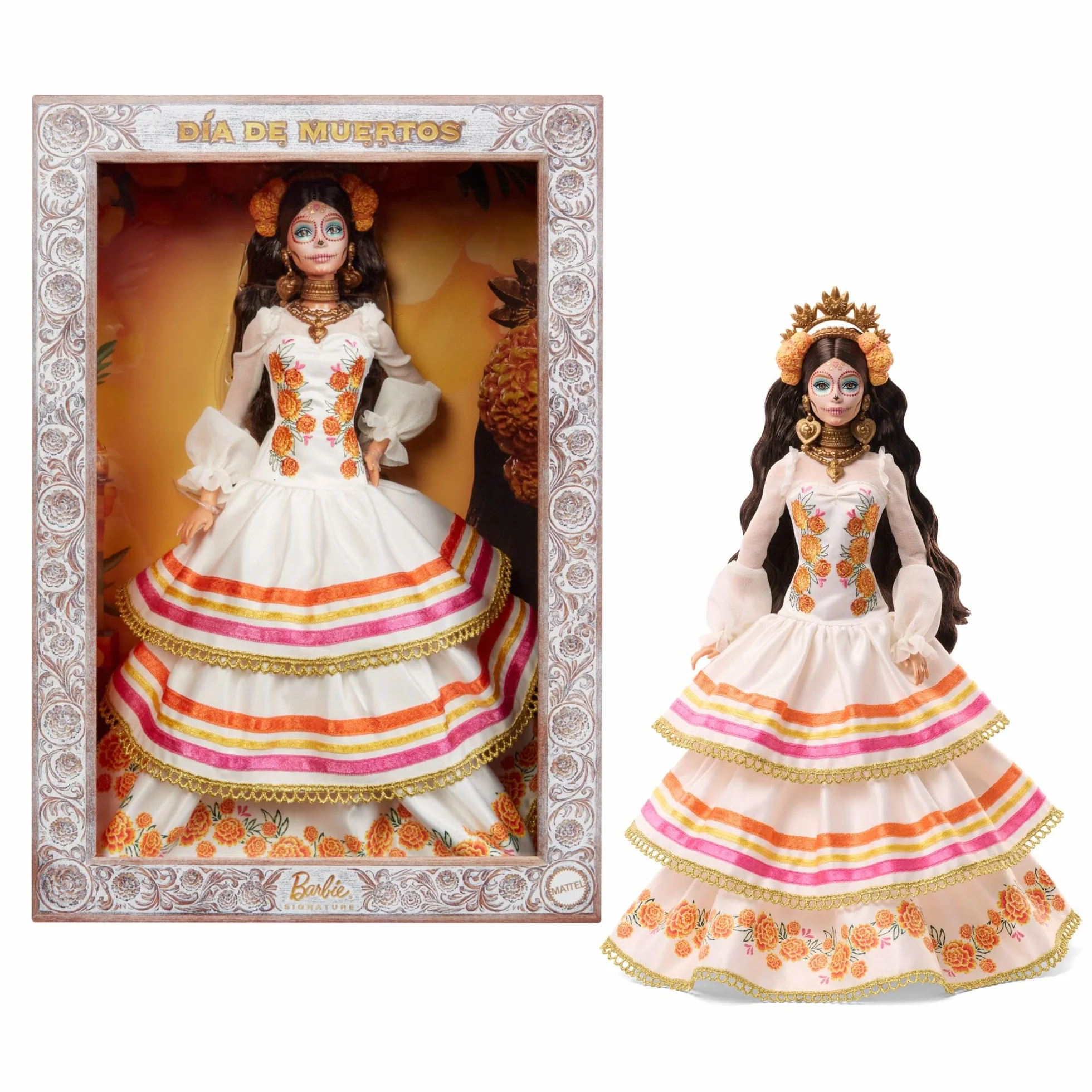 Barbie Signature Lalka Día De Muertos 2025 Kolekcjonerska lalka, kremowa suknia z detalami takimi jak falbanki, aksamitki i naszyte wstążki, kwiatowa korona i charakterystyczny makijaż czaszki, JBJ05