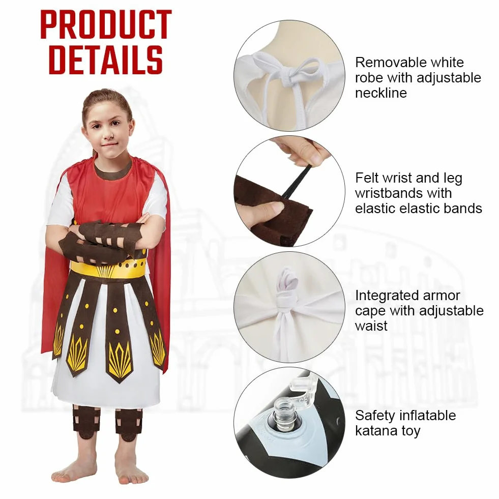 Kostium gladiatora dla dzieci z tunetem, ochrona ramion i nóg, 5-częściowy kostium gladiatora z mieczem samurajskim, odpowiedni na karnawał, Halloween, imprezę tematyczną