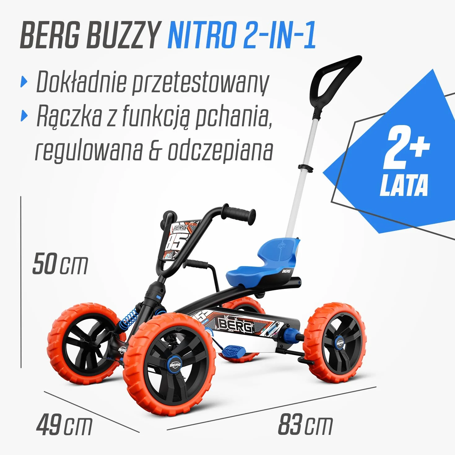 BERG Gokart Buzzy Nitro 2-w-1 z drążkiem przesuwnym | z ruchomym wolnym biegiem, pojazdem dziecięcym, bezpiecznym i stabilnością, zabawka dla dzieci w wieku 2,5-5 lat