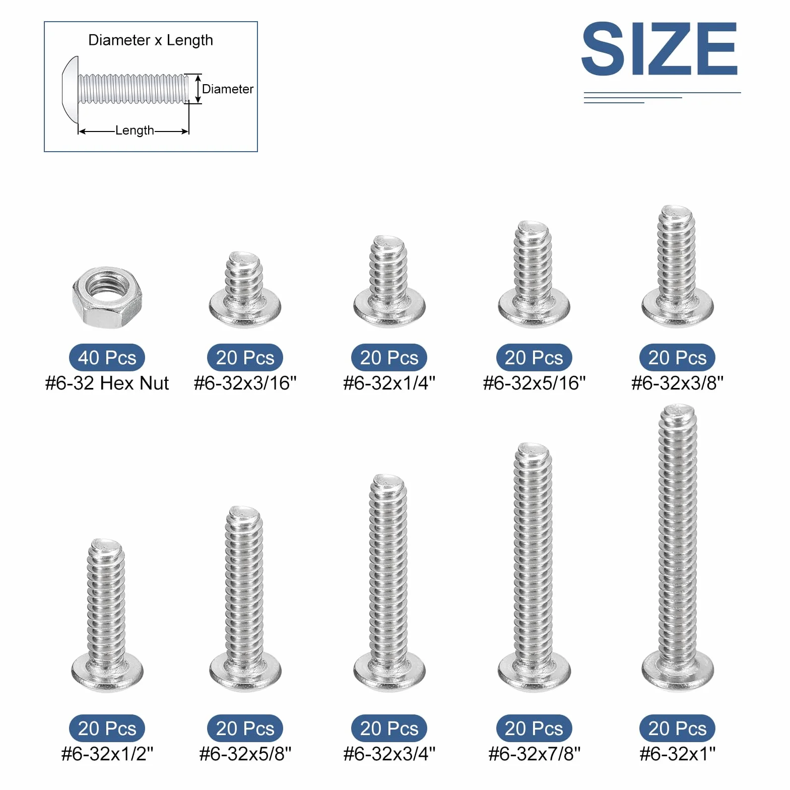 DTGN 220Pack #6-32(D) Zestaw śrub z łbem cylindrycznym z pustymi nakrętkami - 3/16", 1/4", 5/16", 3/8", 1/2", 5/8", 3/4", 7/8", 1"(L) - stal nierdzewna 304 - Pełny gwint UNC
