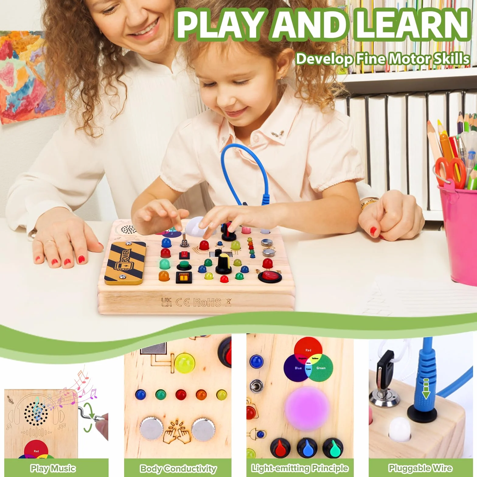 Montessori Busy Board Dzieci w Wieku 1 Roku Drewniana Zabawka z 13 Przełączników i 24 Diody LED Zabawka Sensoryczna dla Dzieci w Wieku 1, 2, 3 Lat