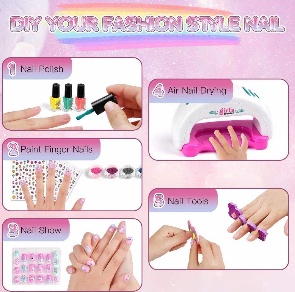 Aomig Zestaw do manicure dla dziewczyn, zestaw farb do paznokci, zestawy do salonu Manicure dla dzieci z suszarką do paznokci naklejki brokatowe pilniki do paznokci na urodziny Boże Narodzenie Dzień