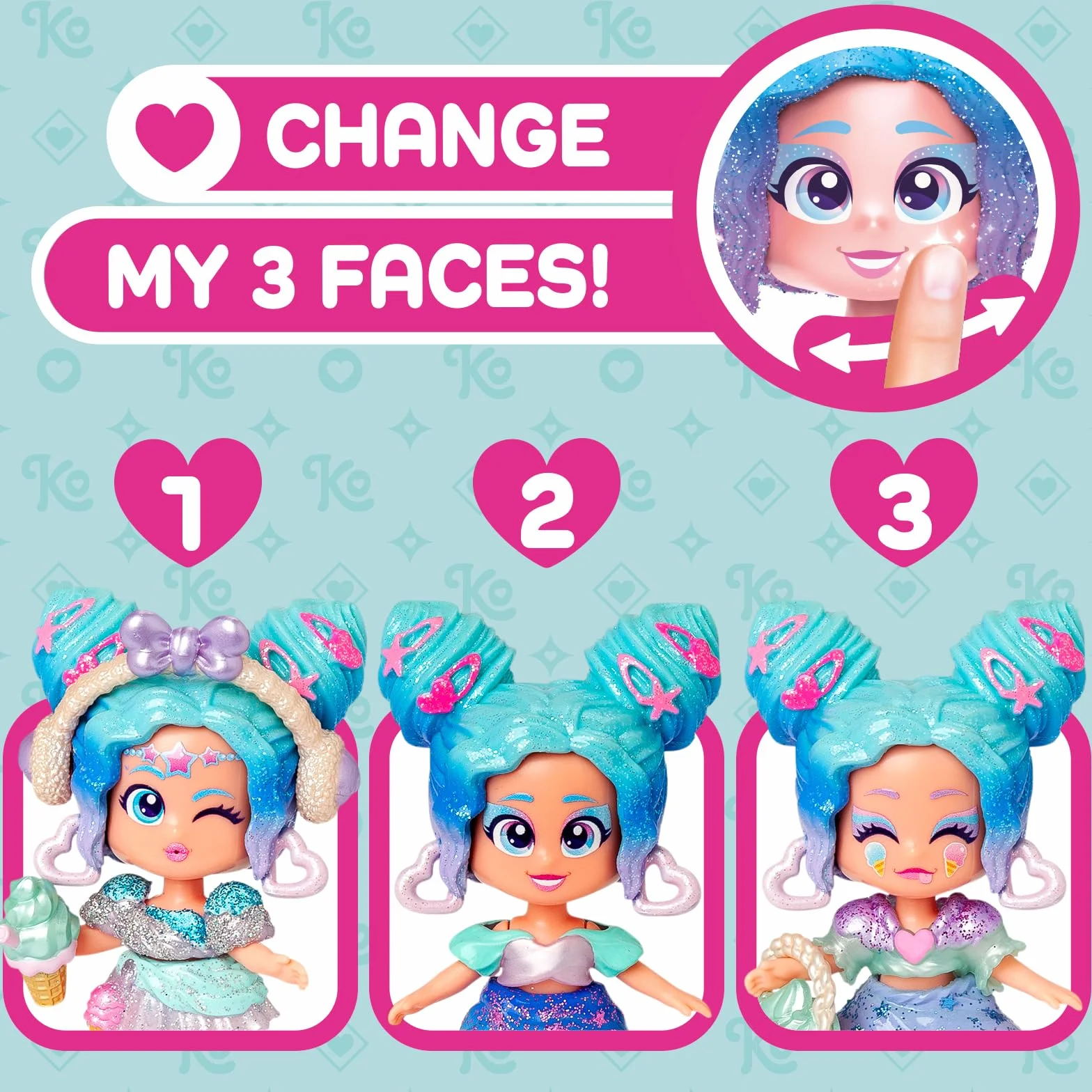 KOOKYLOOS CANDY LAND ICE CREAM STARS – 3 w 1 słodka stylowa lalka,zawartość:1 laleczka,3 stroje,2 pary bucików, mały jednorożec,przekąska, akcesoria Mix&Match i niebiesko-turkusowa torebka babeczka.
