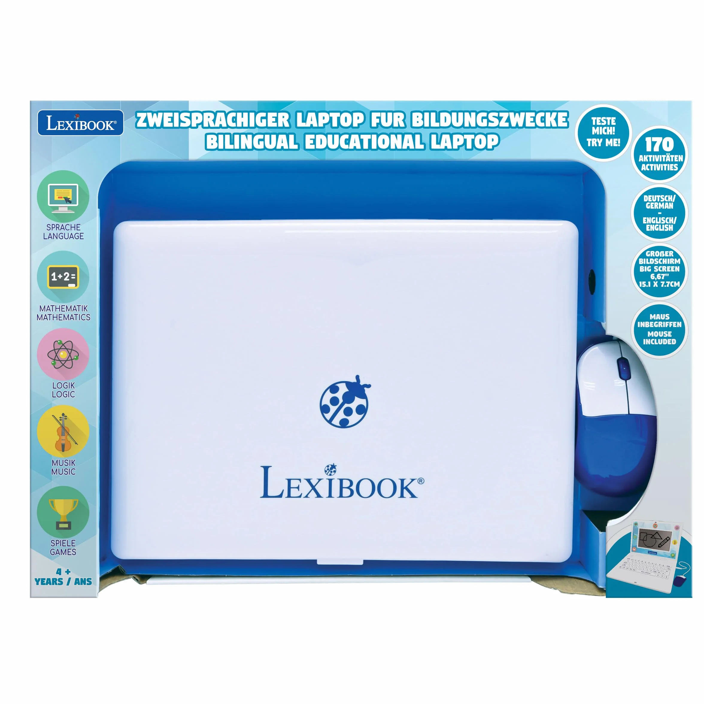 Lexibook, Dwujęzyczny i Pedagogiczny Laptop w Języku Angielskim, Niemieckim, 170 Aktywności do Nauki, Gier i Muzyki, Duży Ekran, JC599i3