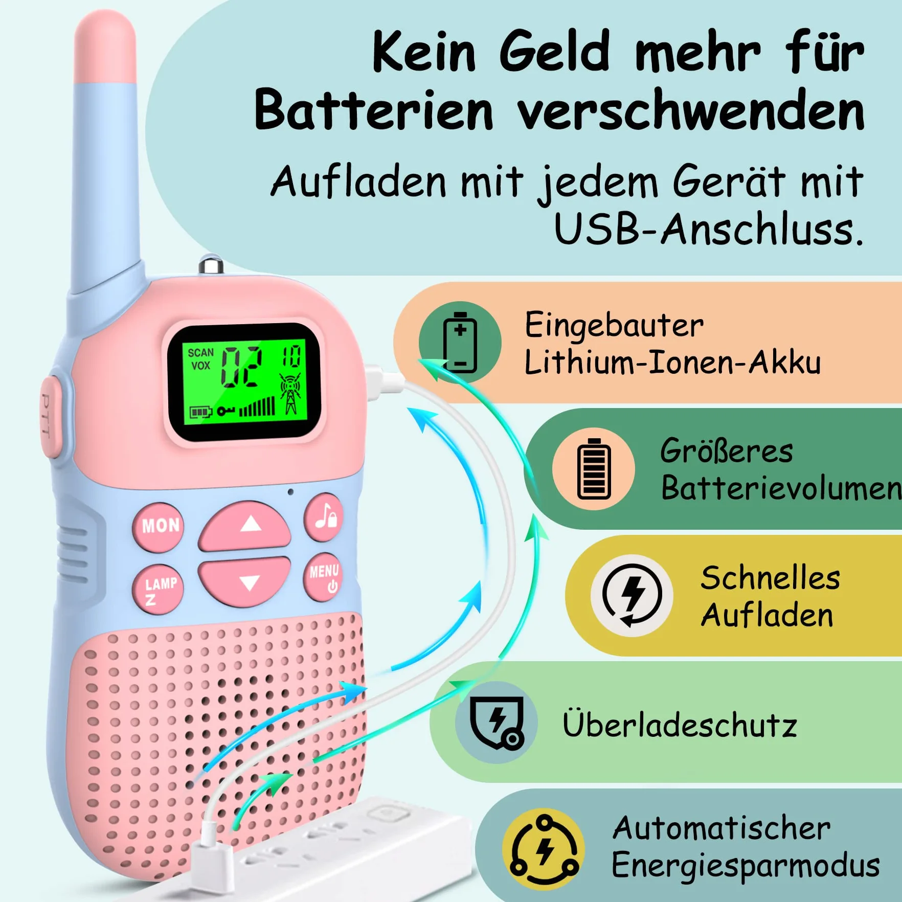 Kidsfun 2×Walkie Talkie dla Dzieci, USB Ładowanie Zabawka na Zewnątrz Walkie Talkie z Latarką, Prezent dla Chłopców i Dziewcząt od 3 Lat, Zasięg 3 Mile na Zakupy, na Zewnątrz, Camping