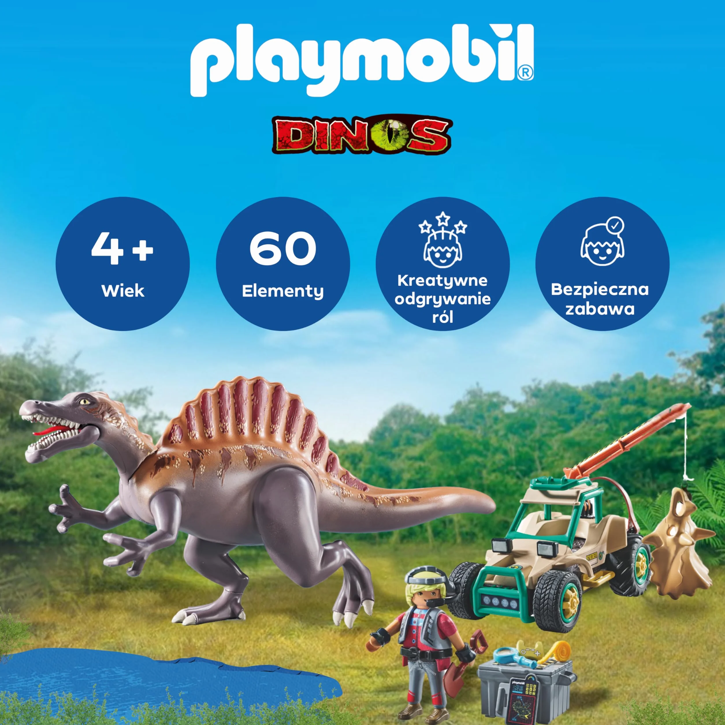 PLAYMOBIL | Dinos | Atak Spinozaura na Wykopaliska Dinozaurów | Zestaw dinozaurów | Zabawka akcji | Zabawka przygoda dla dzieci od 4. roku życia | 71820