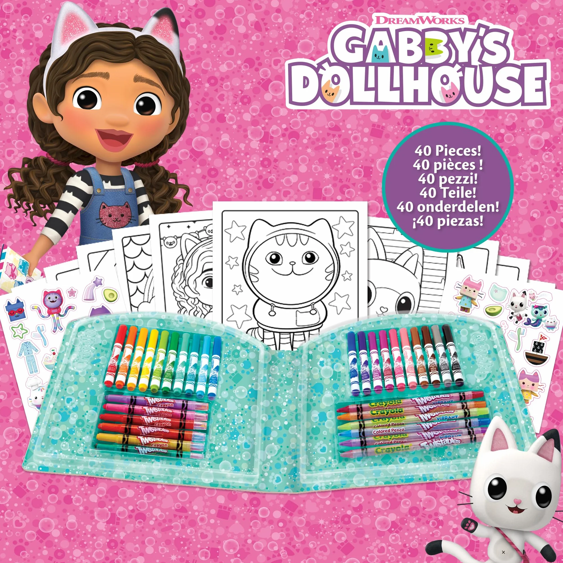 CRAYOLA - Kreatywna walizka dla lalek Gabby's 40 sztuk, z markerami, kredkami woskowymi, kolorowankami, naklejkami, pomysł na prezent i kreatywna aktywność dla dzieci od 5 lat, 04-2945