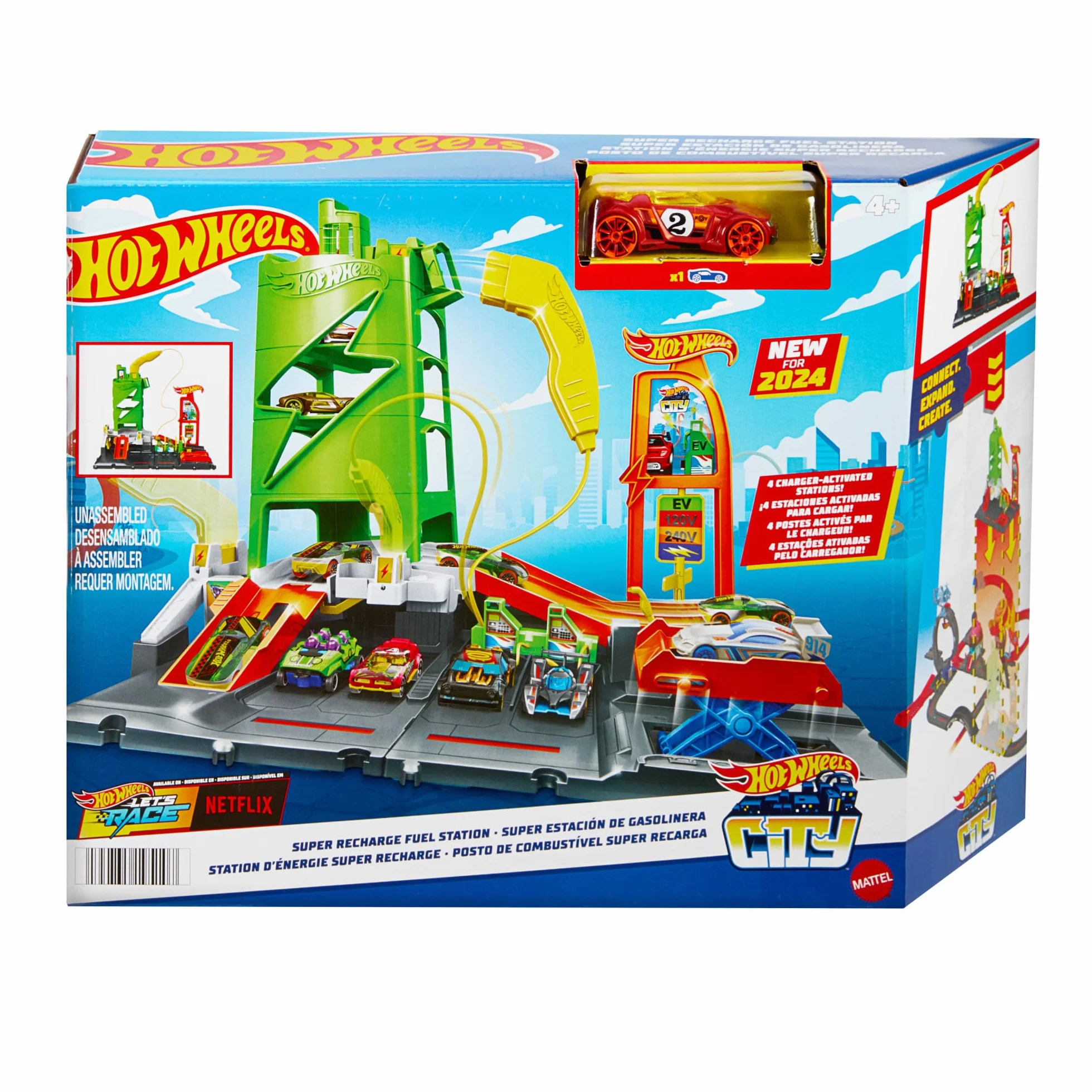 Hot Wheels Let's Race – Na start! - Netflix - Superstacja ładowania Zestaw z zabawkową stacją ładowania pojazdów elektrycznych i samochodzikiem w skali 1:64, HTN79