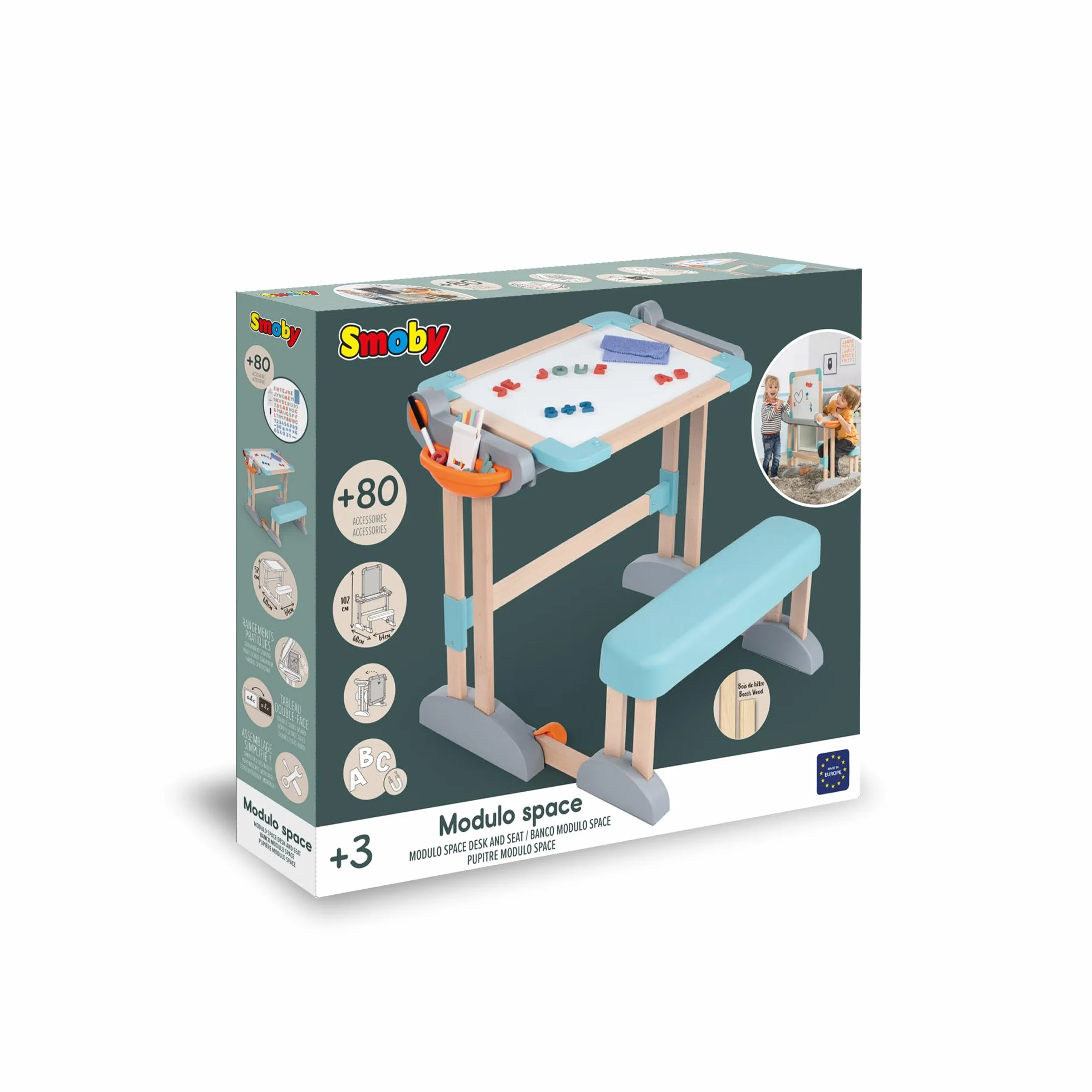 Smoby Biurko Modulo Space z możliwością przekształcenia w tablicę, drewno i plastik, składane, 80 akcesoriów, od 3 lat
