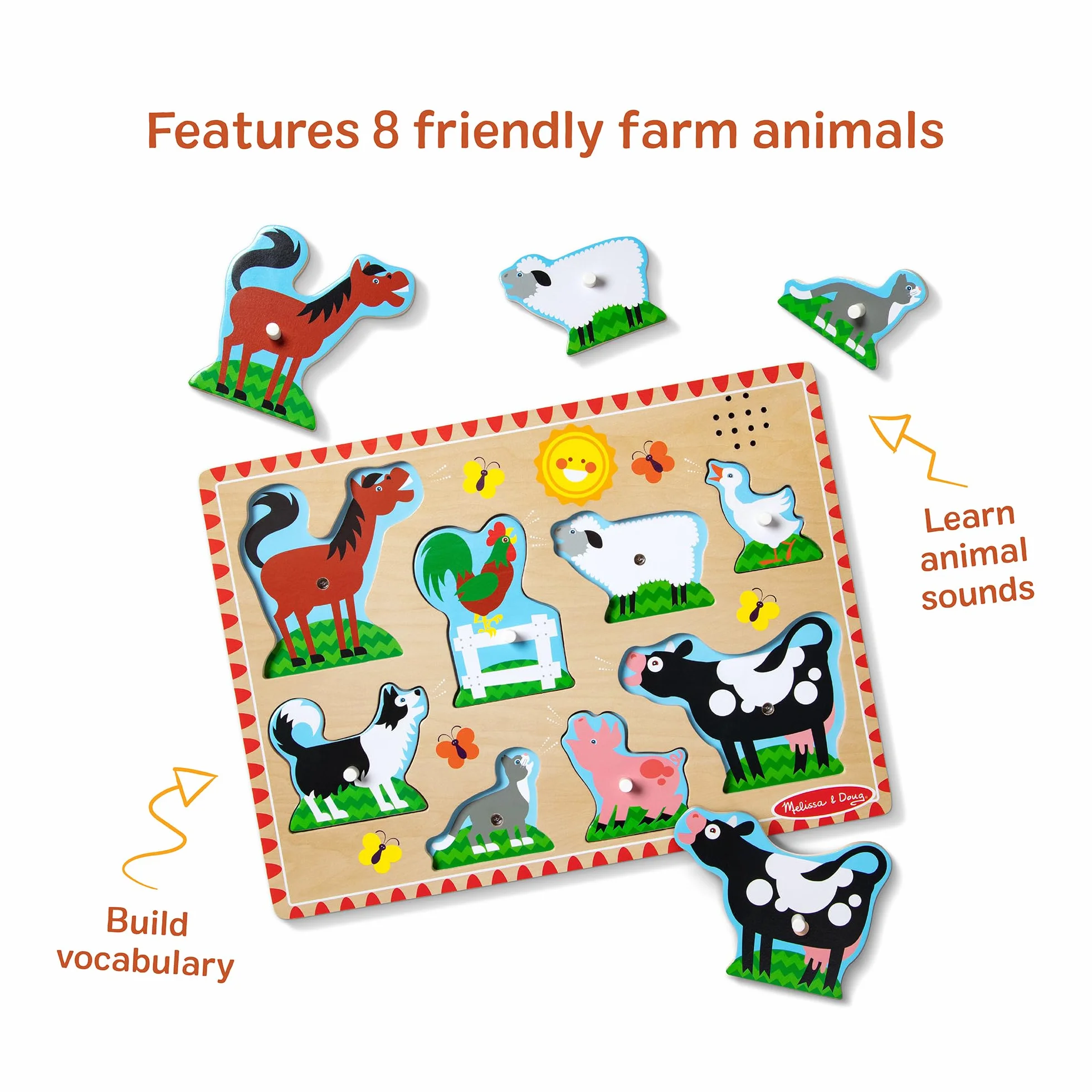 Melissa & Doug Puzzle dźwiękowe ze zwierzętami gospodarskimi, drewniane kołki, zabawka edukacyjna dla dzieci w wieku 2-4 lat