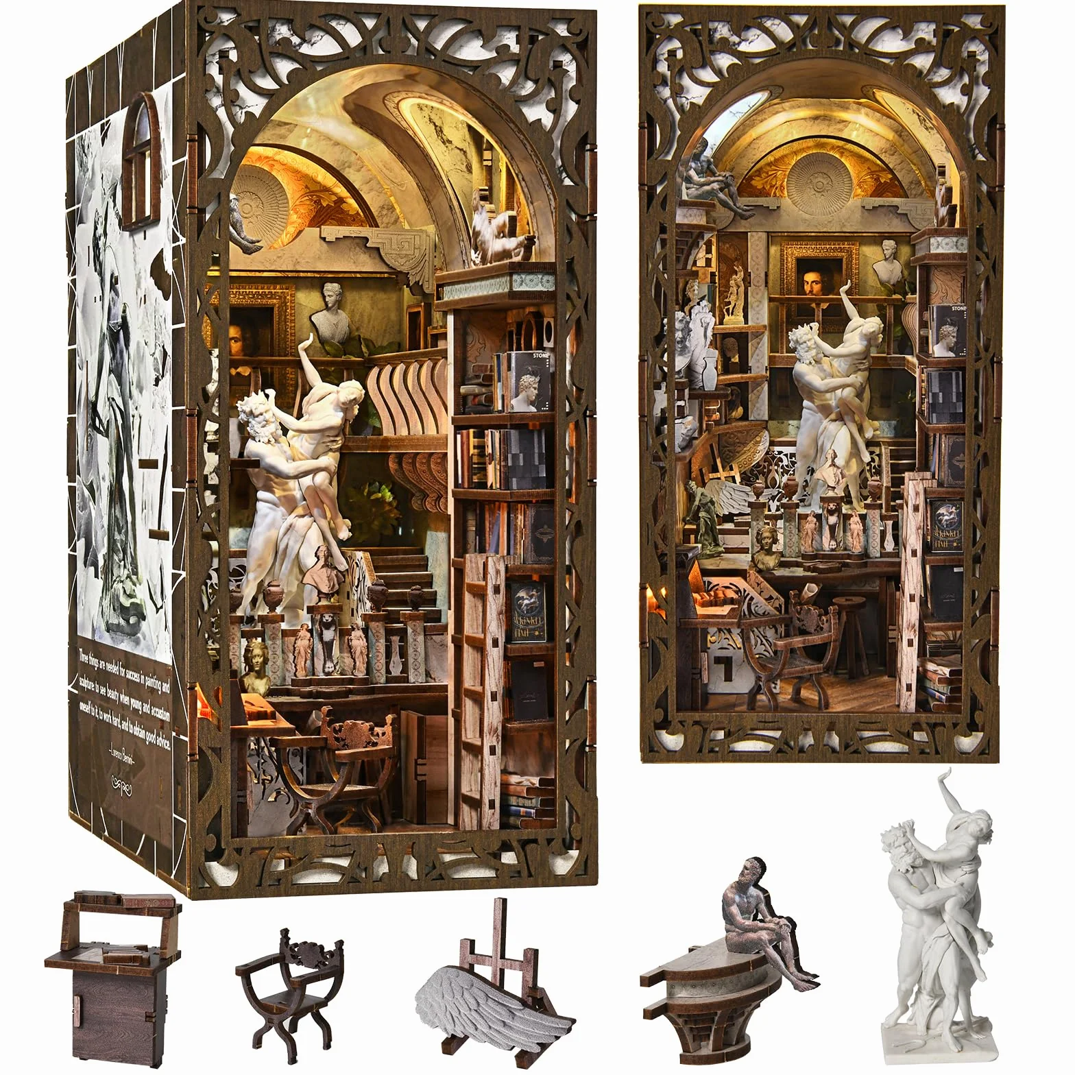 MiniCity Book Nook zestaw do budowania, miniaturowy domek dla lalek 3D, kącik na książki, zestaw z oświetleniem LED i osłoną przeciwpyłową - Bernini's Workshop