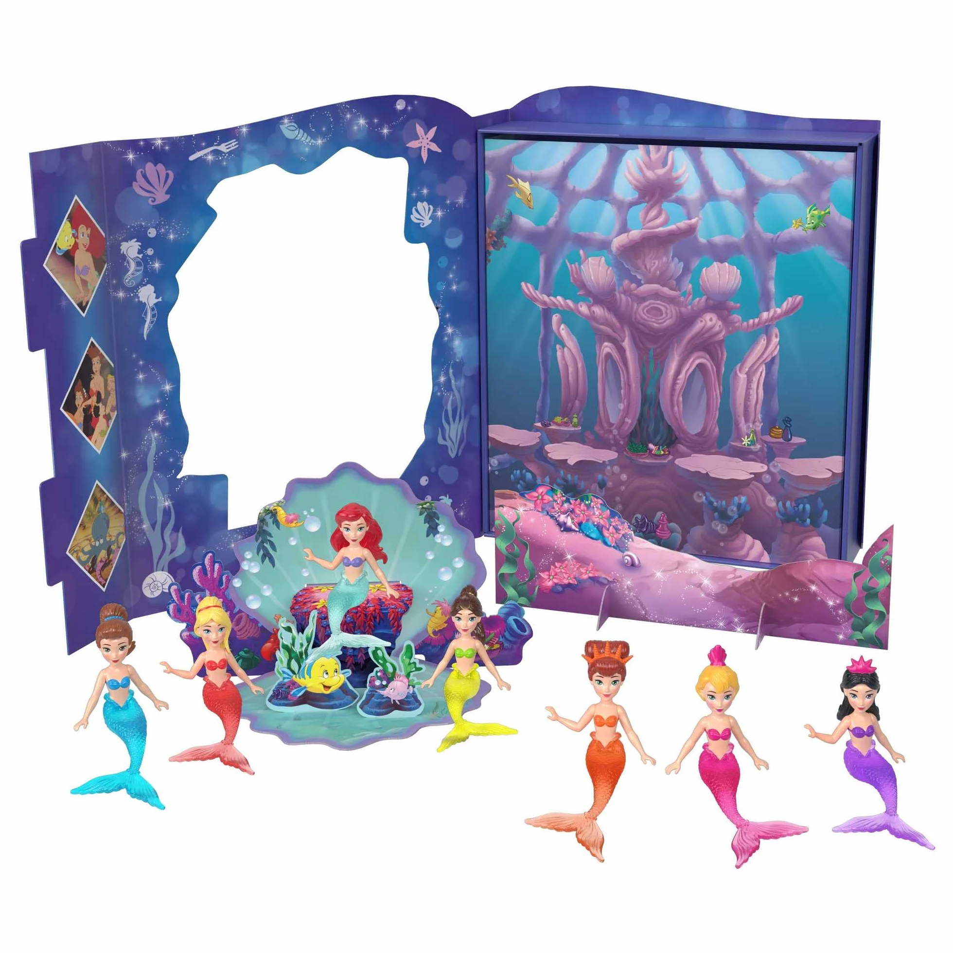 Mattel Księżniczka Disneya Arielka z siostrami Zestaw książka z 7 małymi lalkami syrenkami, figurkami i akcesoriami inspirowanymi filmem „Mała syrenka” Disneya HLW96