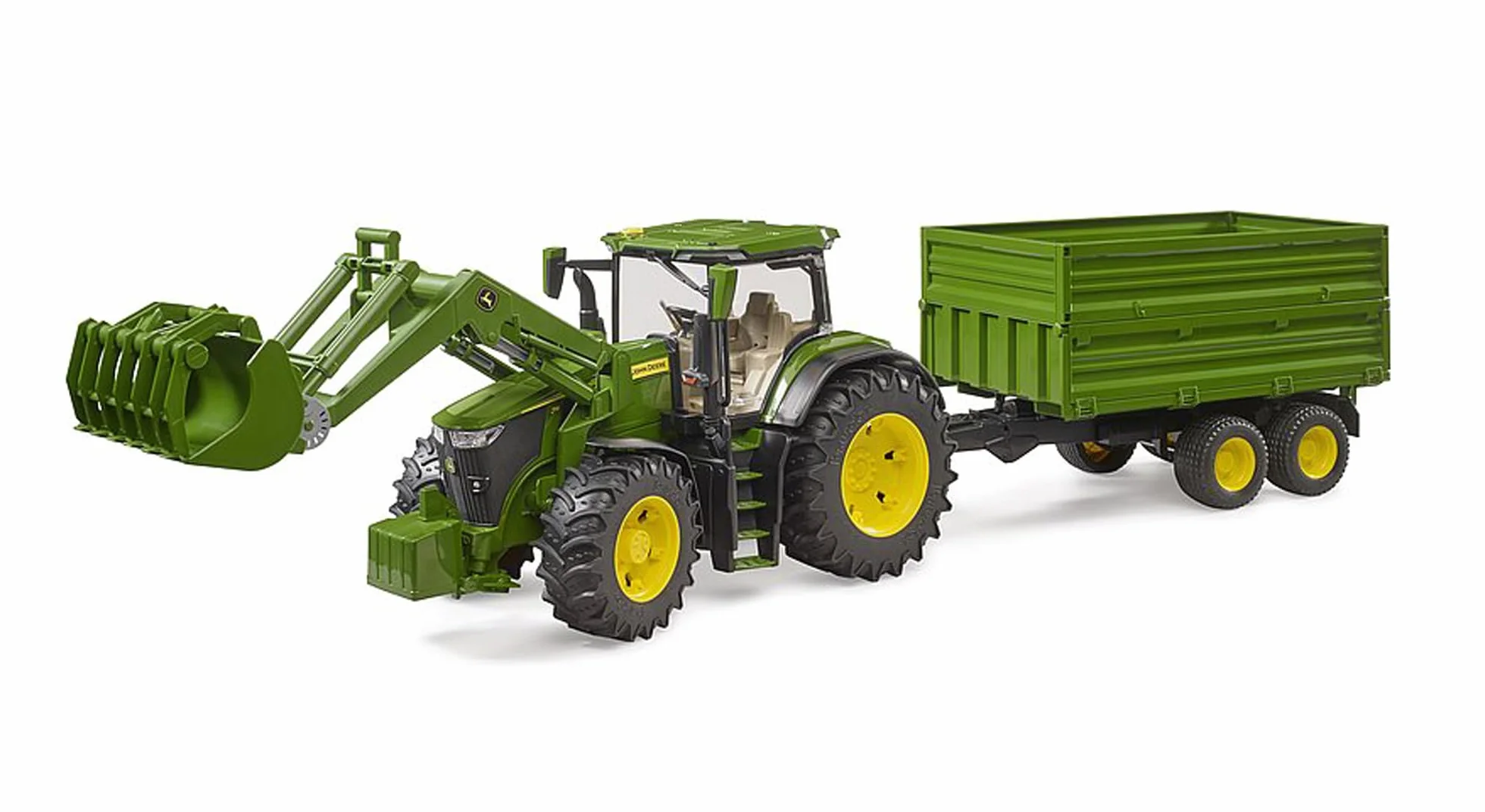 bruder 03155 - John Deere 7R 350 z ładowaczem czołowym i przyczepą transportową z osią tandemową - 1:16 Pojazd, Ciągnik, Bulldog, Rolnictwo, Farma, Przyczepa, bworld, Zabawki