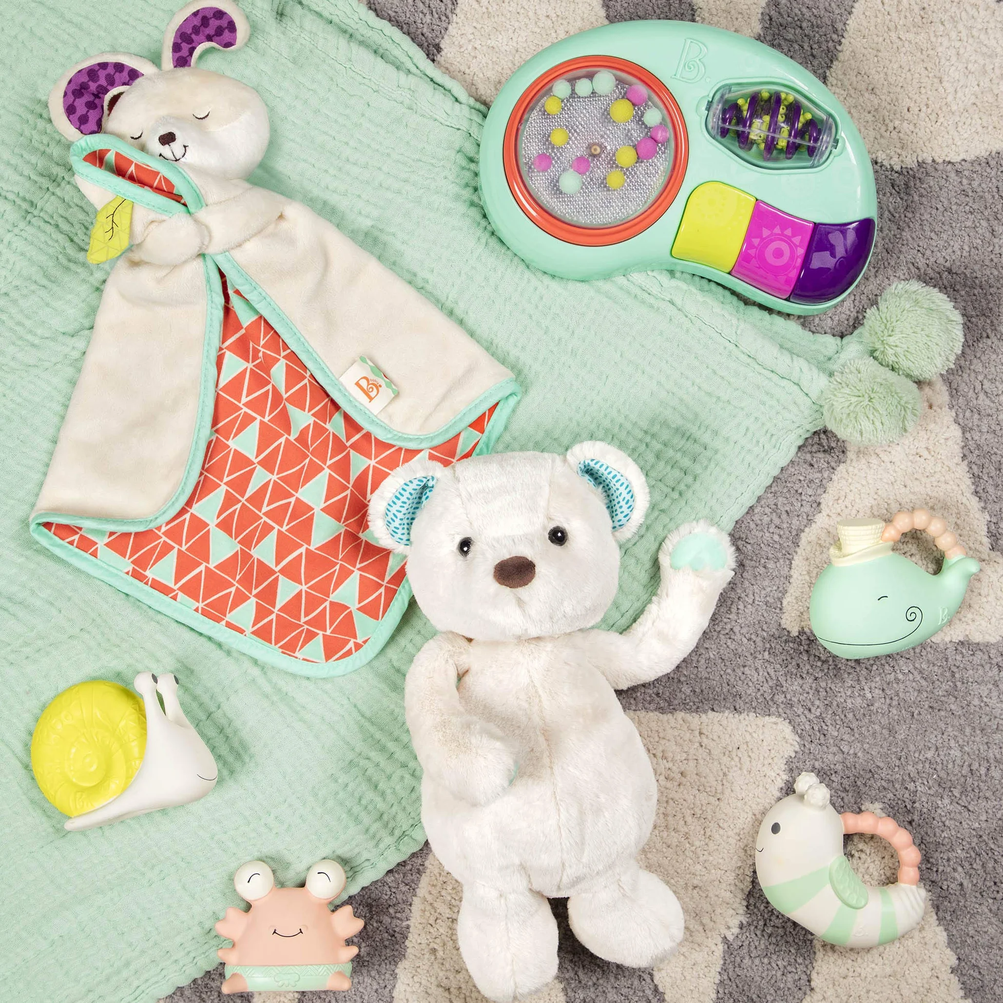 B. Toys – B. Snugglies – puszysty koc bezpieczeństwa króliczka Bunz – urocza koszula niemowlęca z miękką tkaniną – nie zawiera BPA