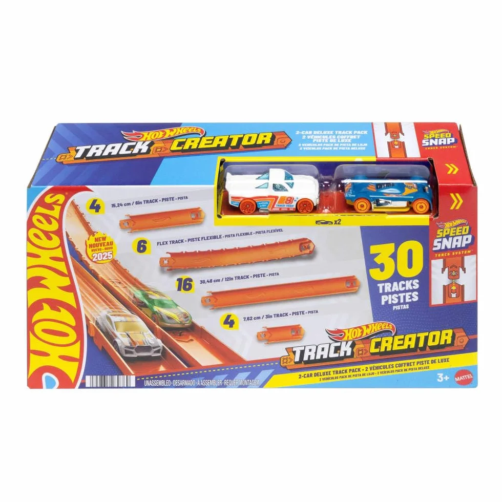 Hot Wheels Track Creator Deluxe Track Set Zestaw z Dwoma Metalowymi Pojazdami 1:64, 7,6m Torów Speed Snap JDW42