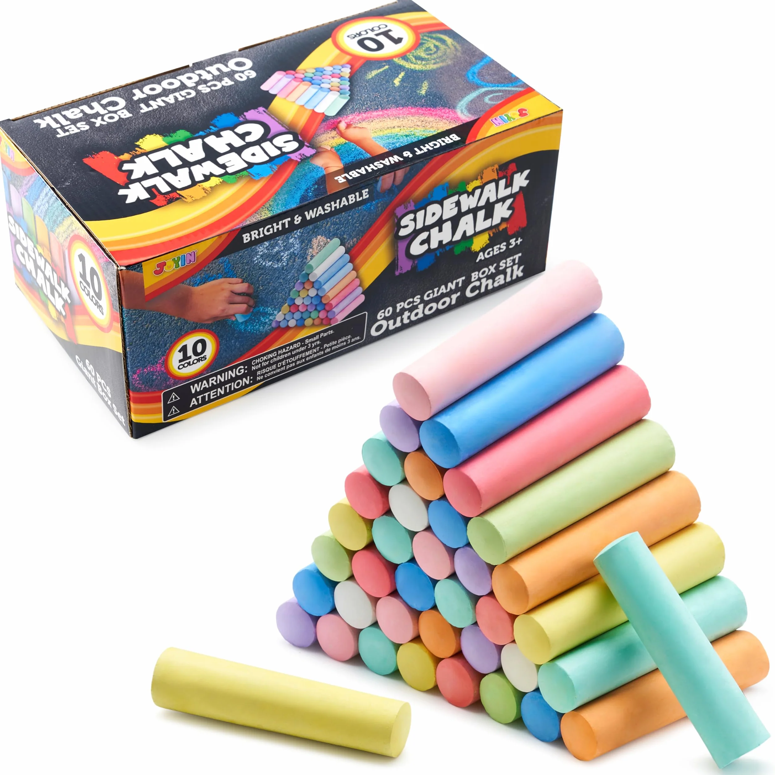 JOYIN 60 nietoksycznych, zmywalnych kredek Jumbo do użytku na zewnątrz (10 kolorów) do malowania na kredce, Art Play and Playground Toy