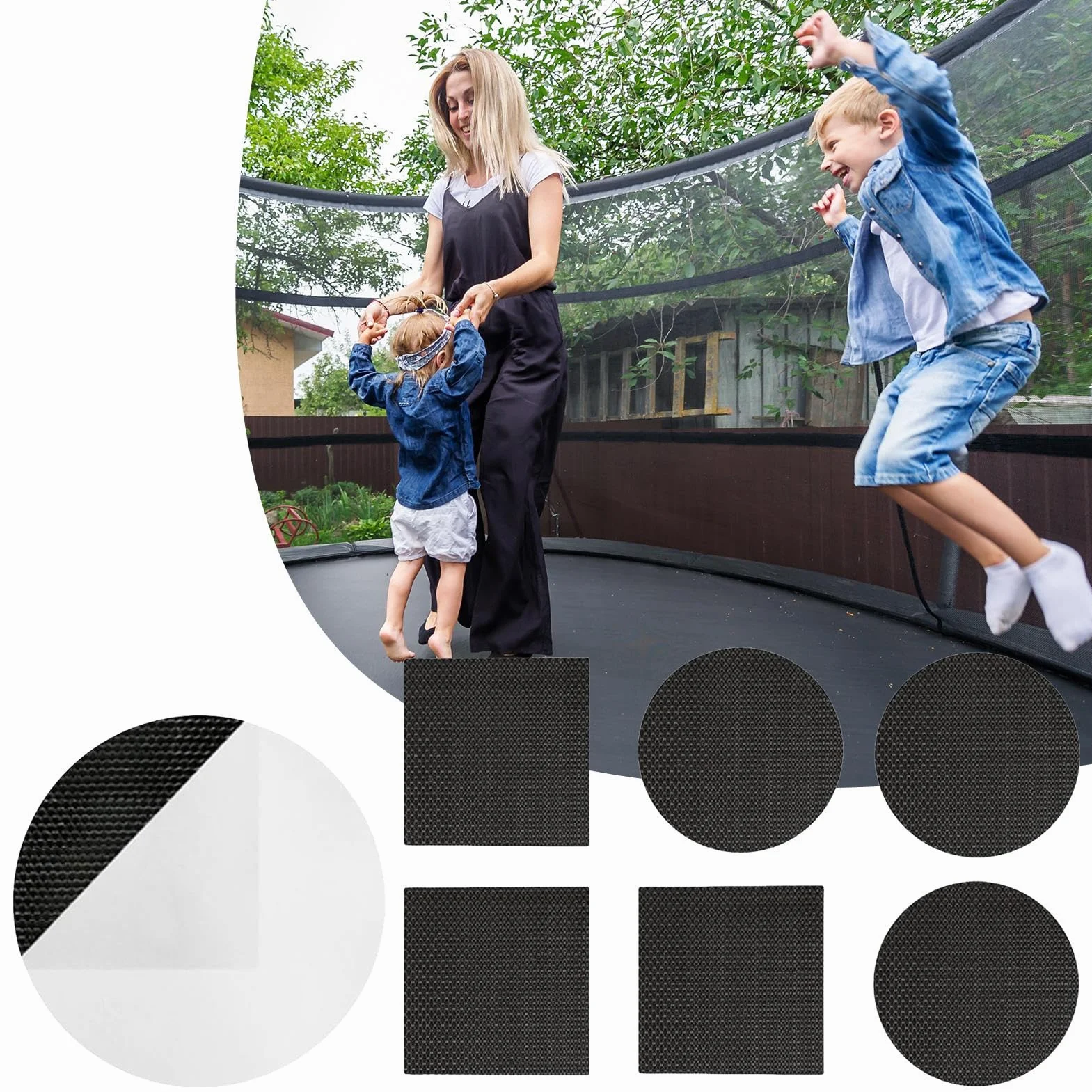 Zestaw łatek do trampoliny, otwory samoprzylepne, akcesoria sportowe, okrągłe, kwadratowe, prostokątne, łatwe w użyciu, wytrzymałe rozwiązanie naprawcze do trampoliny