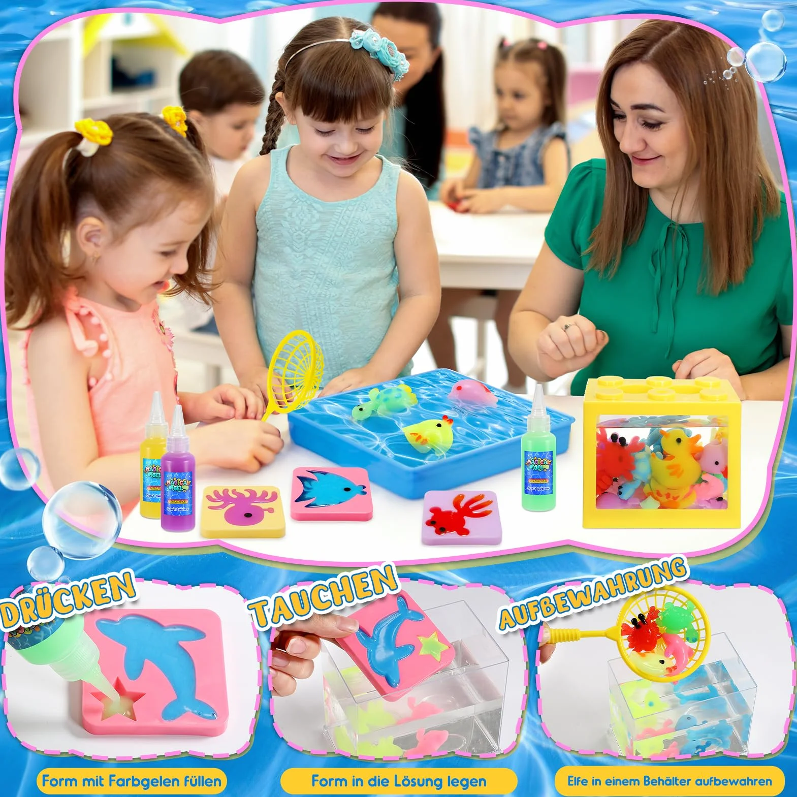 Magical Water Elf Kit – zestaw żelu wodnego dla dzieci, 10 kolorów, wodny żel wróżkowy, z 12 formami zwierząt morskich, zestaw do przygotowywania dla dzieci w wieku 4, 5, 6, 7, 8 lat, 4 różne żele)