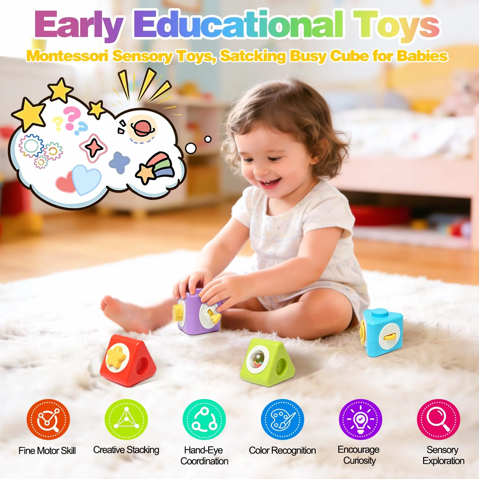 JoyLife Montessori kostka motoryczna i zabawka do układania w stos od 1 roku, 12 w 1, klocki sensoryczne, zabawka podróżna do samolotu i samochodu, prezent dla małych dzieci w wieku 1-2 lat, dla