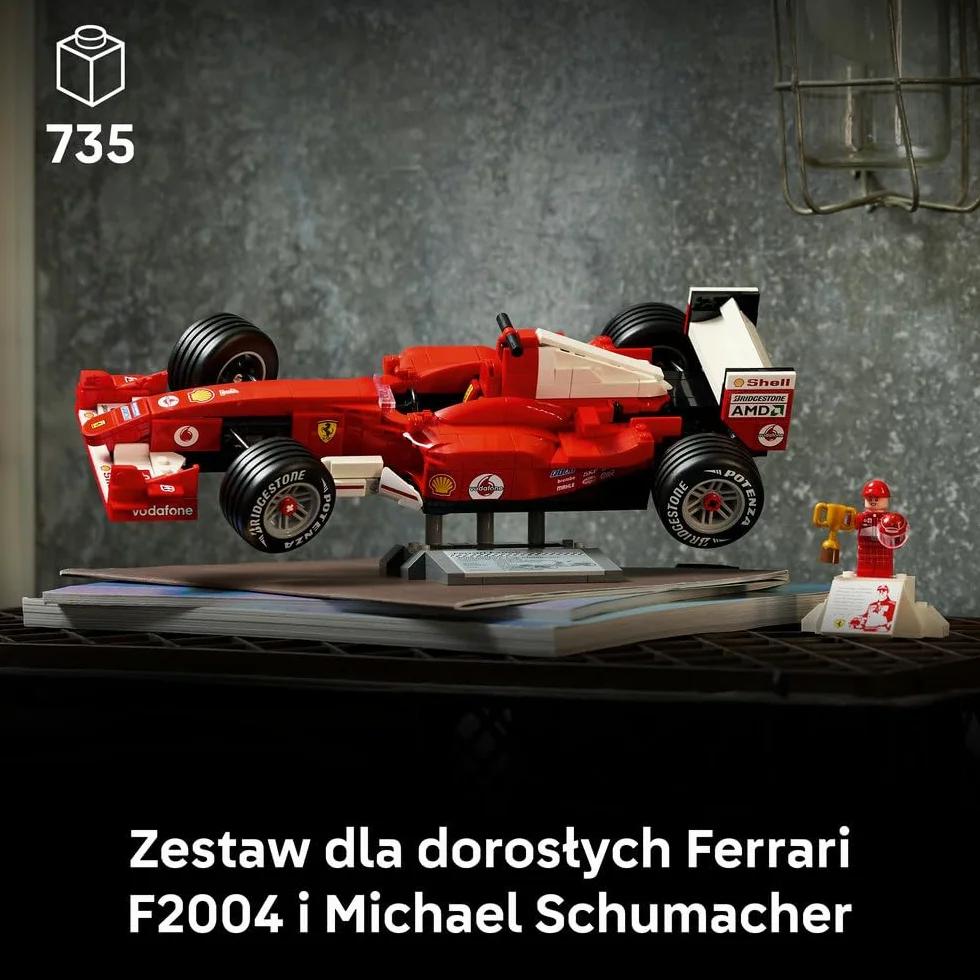 LEGO Icons Ferrari F2004 i Michael Schumacher, zestaw konstrukcyjny dla dorosłych z modelem bolidu F1, kolekcjonerski samochód wyścigowy, pomysł na prezent dla mężczyzny i kobiety 11375