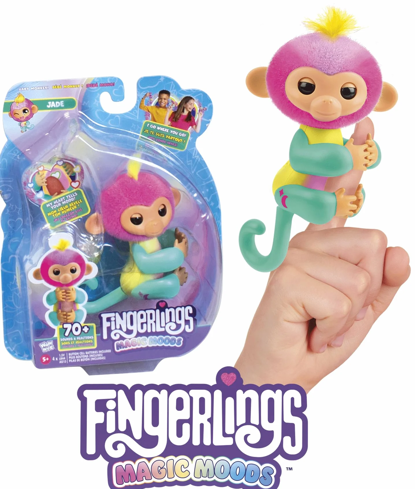 Lansay - Fingerlings – Magic Moods Jade – zawieszka Klara na palcach – jego serce świeci w zależności od nastroju – komunikuje się z 70 tonami i reakcjami – baterie w zestawie – interaktywny