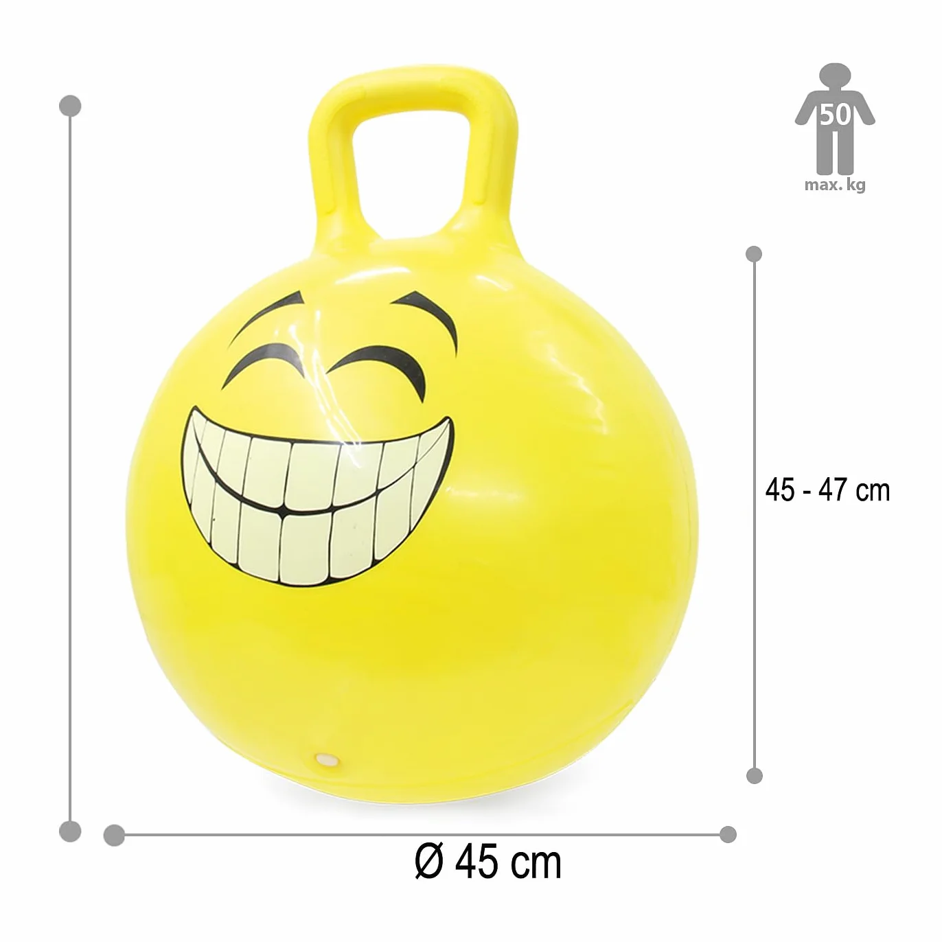 Jamara 460457 piłka do skakania Smile żółta, 450 mm – do 50 kg, wspomaga zmysł równowagi i motoryczne, wytrzymała i łatwa w utrzymaniu