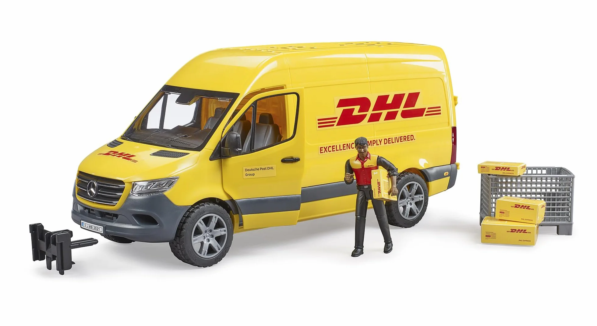 bruder 02671 - MB Sprinter DHL z kierowcą, w tym paleta skrzyniowa z paczkami wysyłkowymi, pojazd, transporter