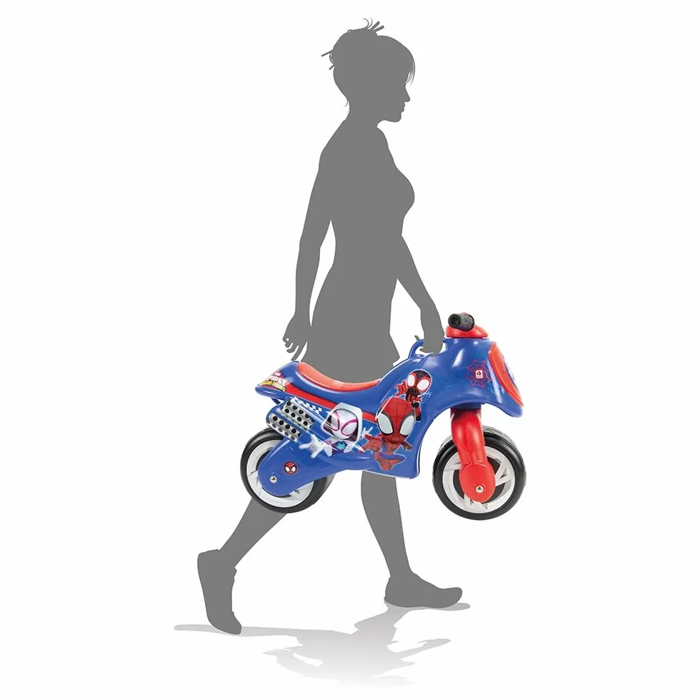 INJUSA - Motocykl Dziecięcy Neox Spidey, dla dzieci +18 miesięcy, z trwałą dekoracją, szerokim plastikowym kołem i uchwytem transportu dla rodziców, niebieski kolor