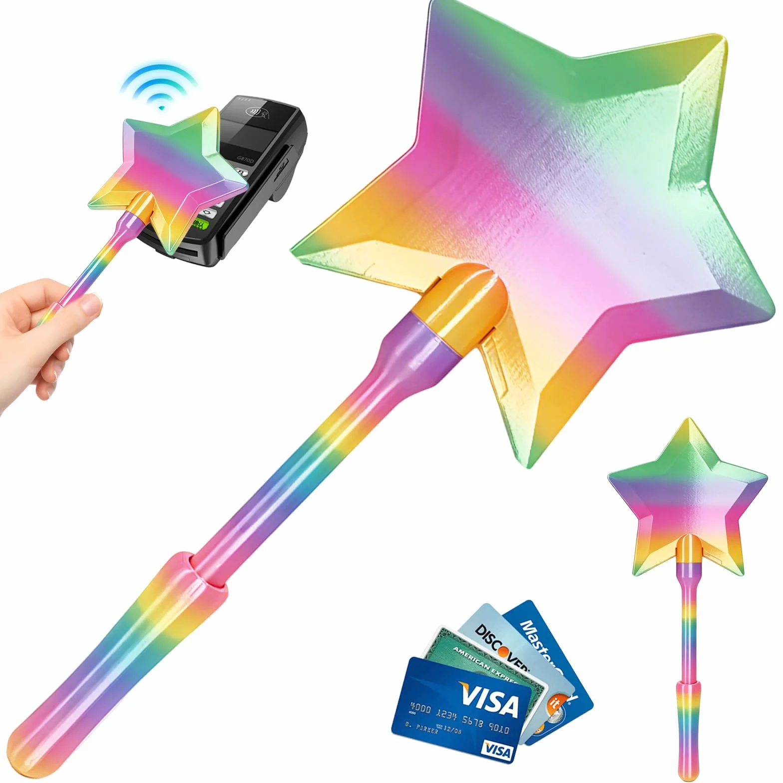 TOGETDREAM Magiczna różdżka z nadrukiem 3D, gwiazda różdżka magiczna różdżka karty kredytowej, różdżka z uchwytem na kartę kredytową, dotknij, aby zapłacić za dzieci, nastolatki i dorosłych (tęcza)