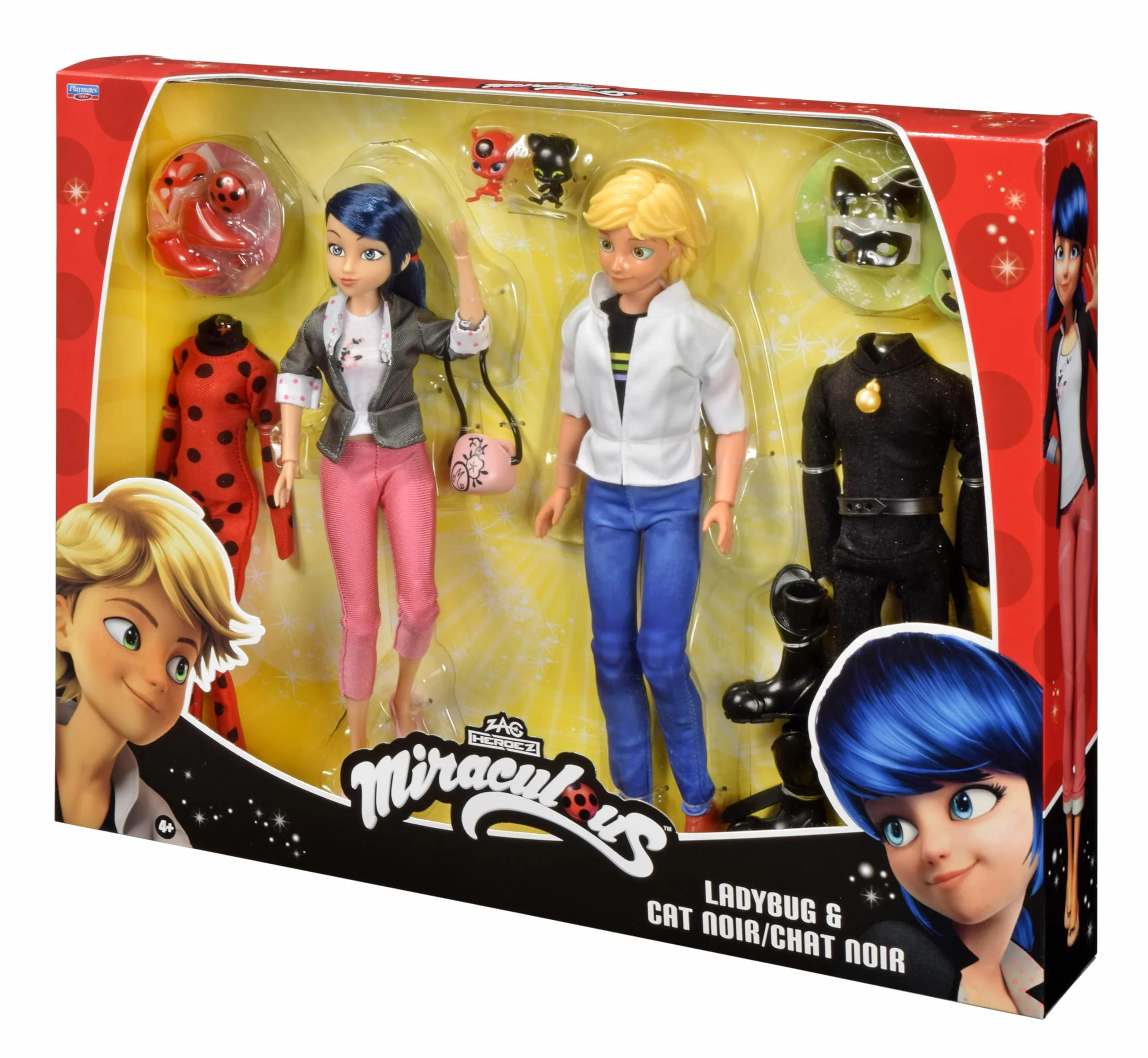 BANDAI Miraculous Zestaw 2 lalek Marinette i Adrien 26 cm z 2 strojami biedronki czarnego kota akcesoria
