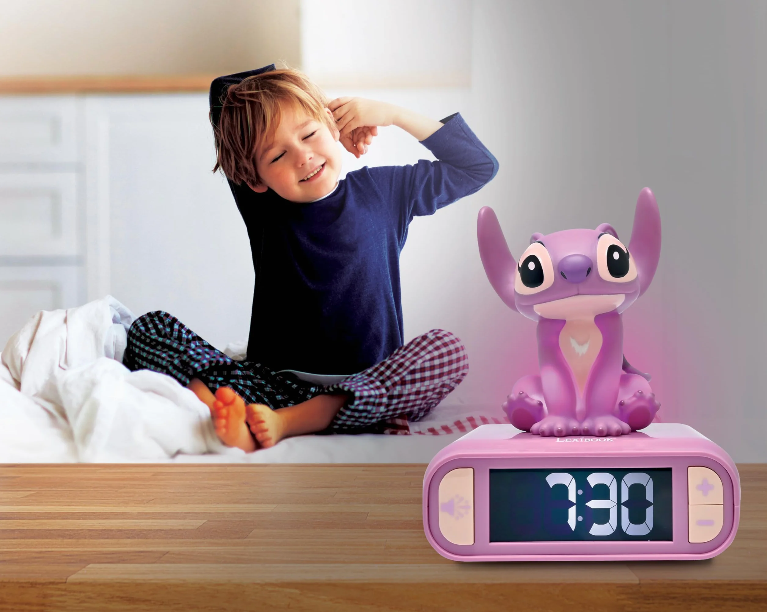 Lexibook, Disney Stitch, Budzik z Lampką Nocną Angel, Dźwięki i Melodie, Podświetlany Ekran LCD, LuminoUS, Drzemka, Różowy, RL800D1