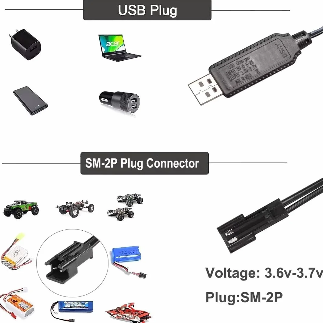 Kabel do ładowania akumulatora przewód USB do ładowania 3,6 V 3,7 V do akumulatorów LiPo zestaw SM-2-pinowa wtyczka używana na zabawkach RC Samochód cysterny ciężarówki pociągi łódź