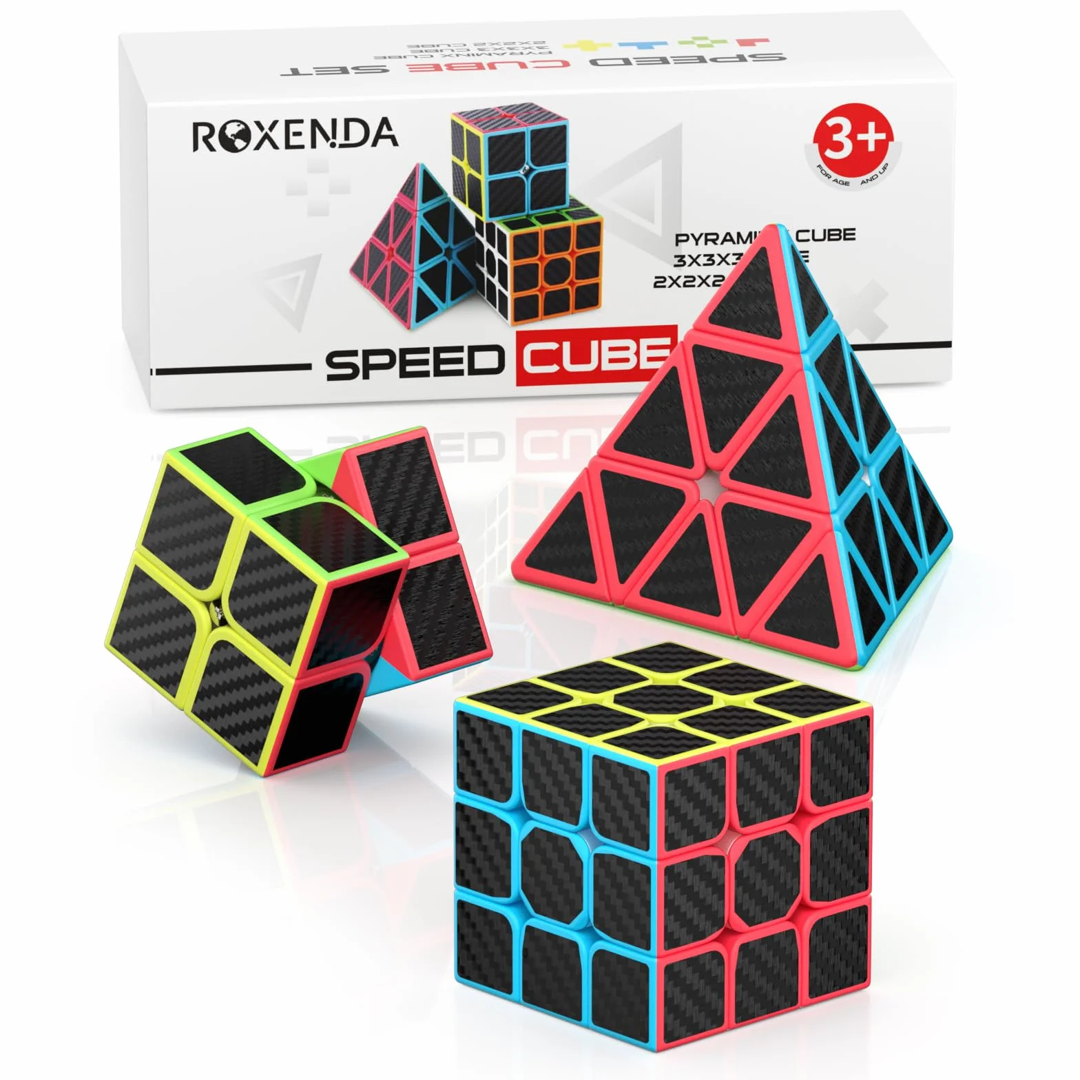 ROXENDA Magiczna Kostka, Speed Cube Set 2x2 3x3 Piramida Magiczna Kostka Prędkości Zestaw (Włókno węglowe)